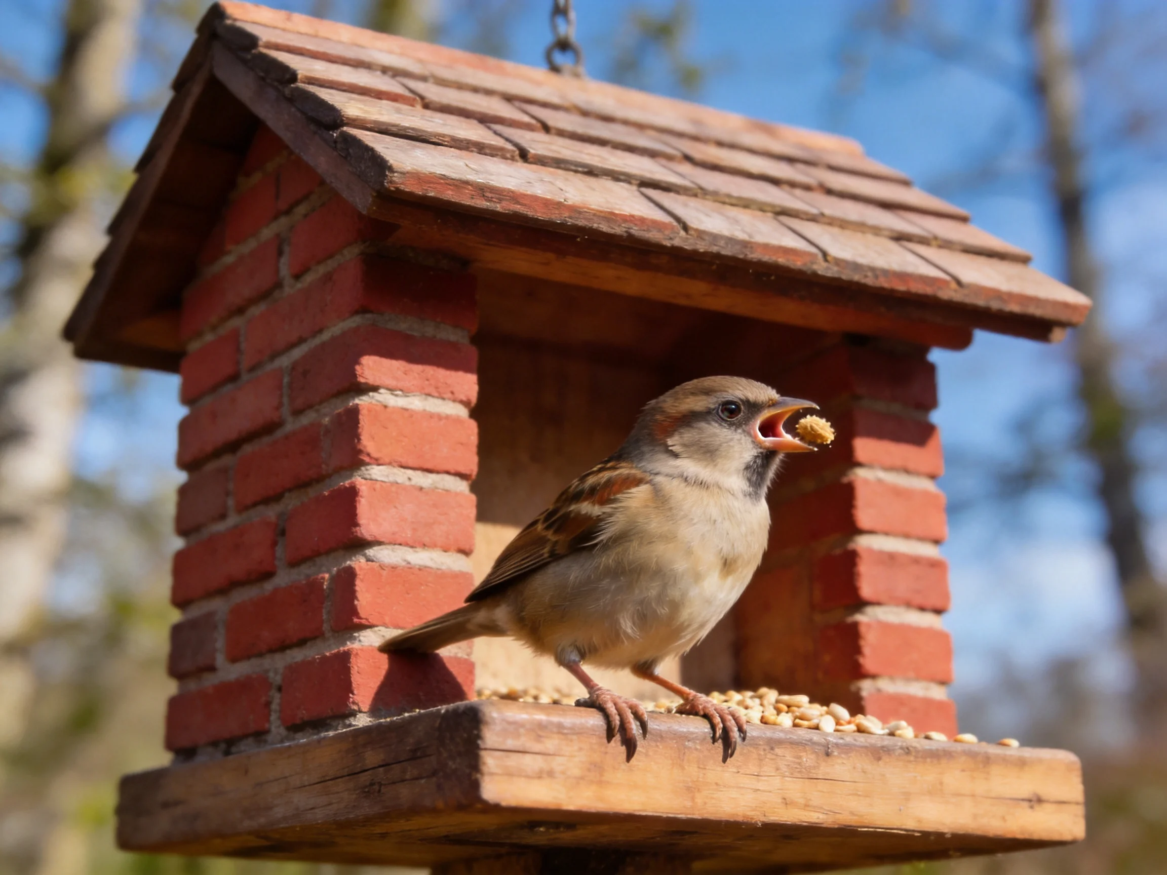 A small brown sparrow feeding from a red-brick wooden birdhouse