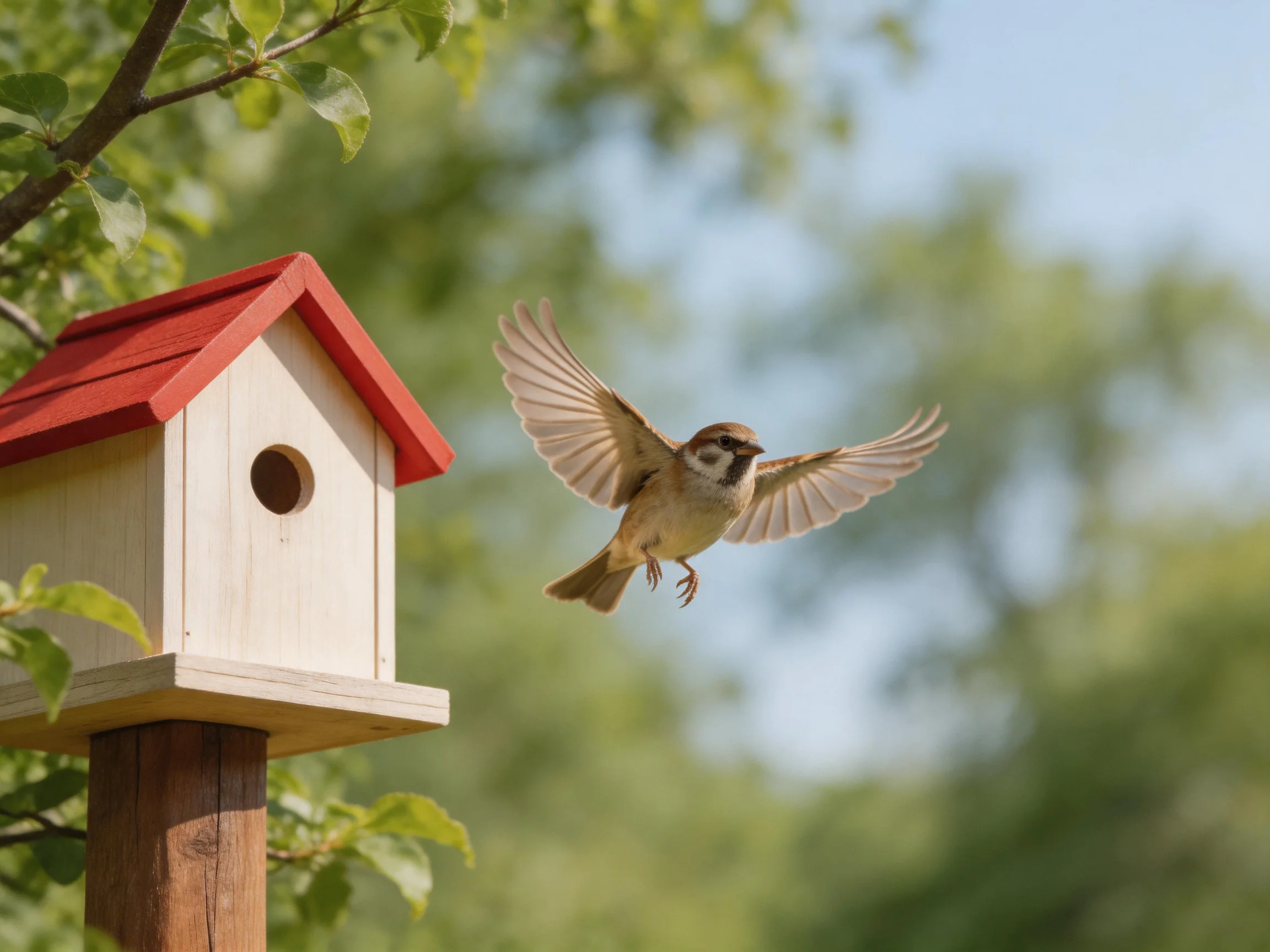 A small brown sparrow flies toward a red-roofed wooden birdhouse