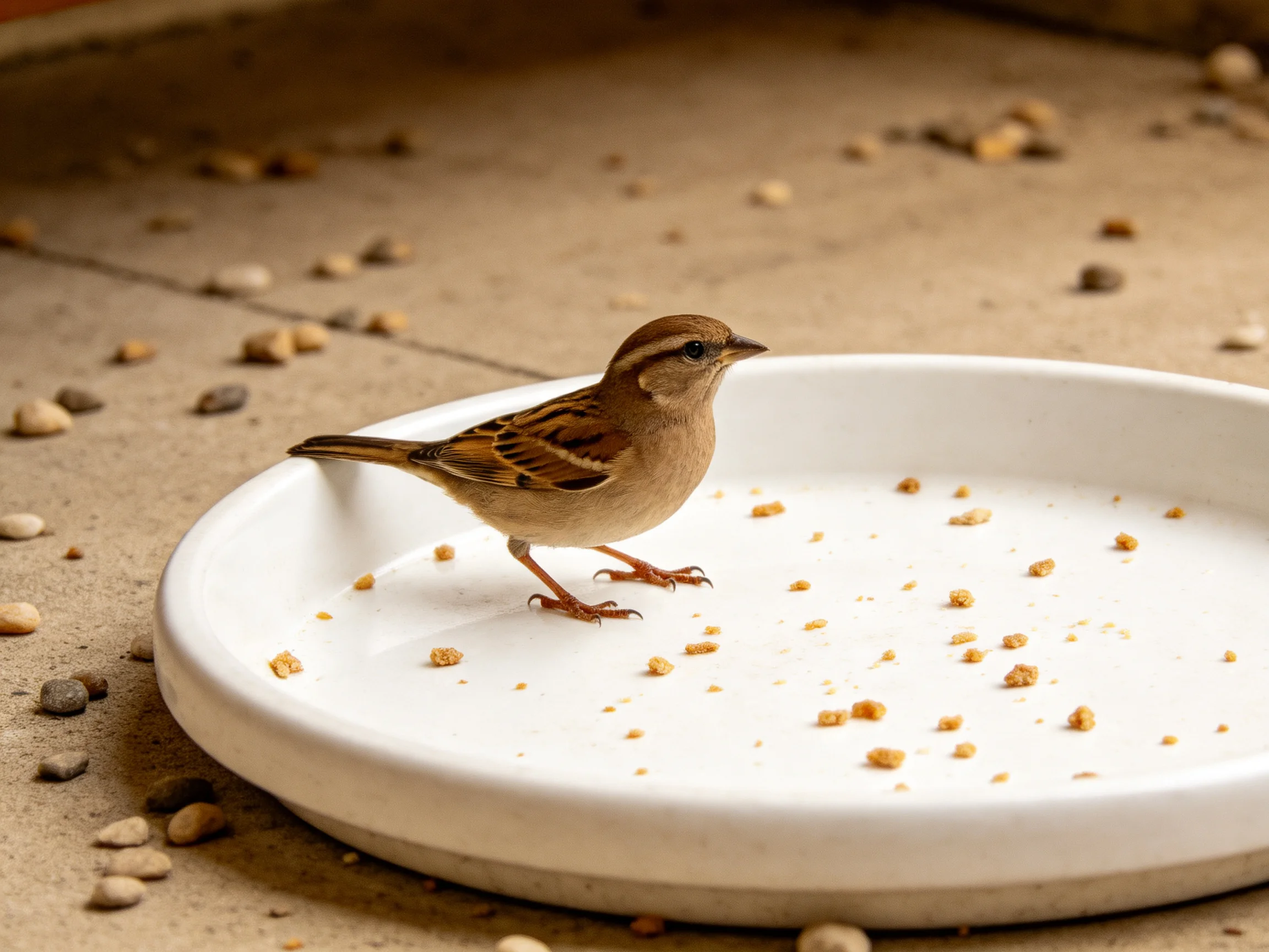 A small brown sparrow on a white dish with scattered seeds