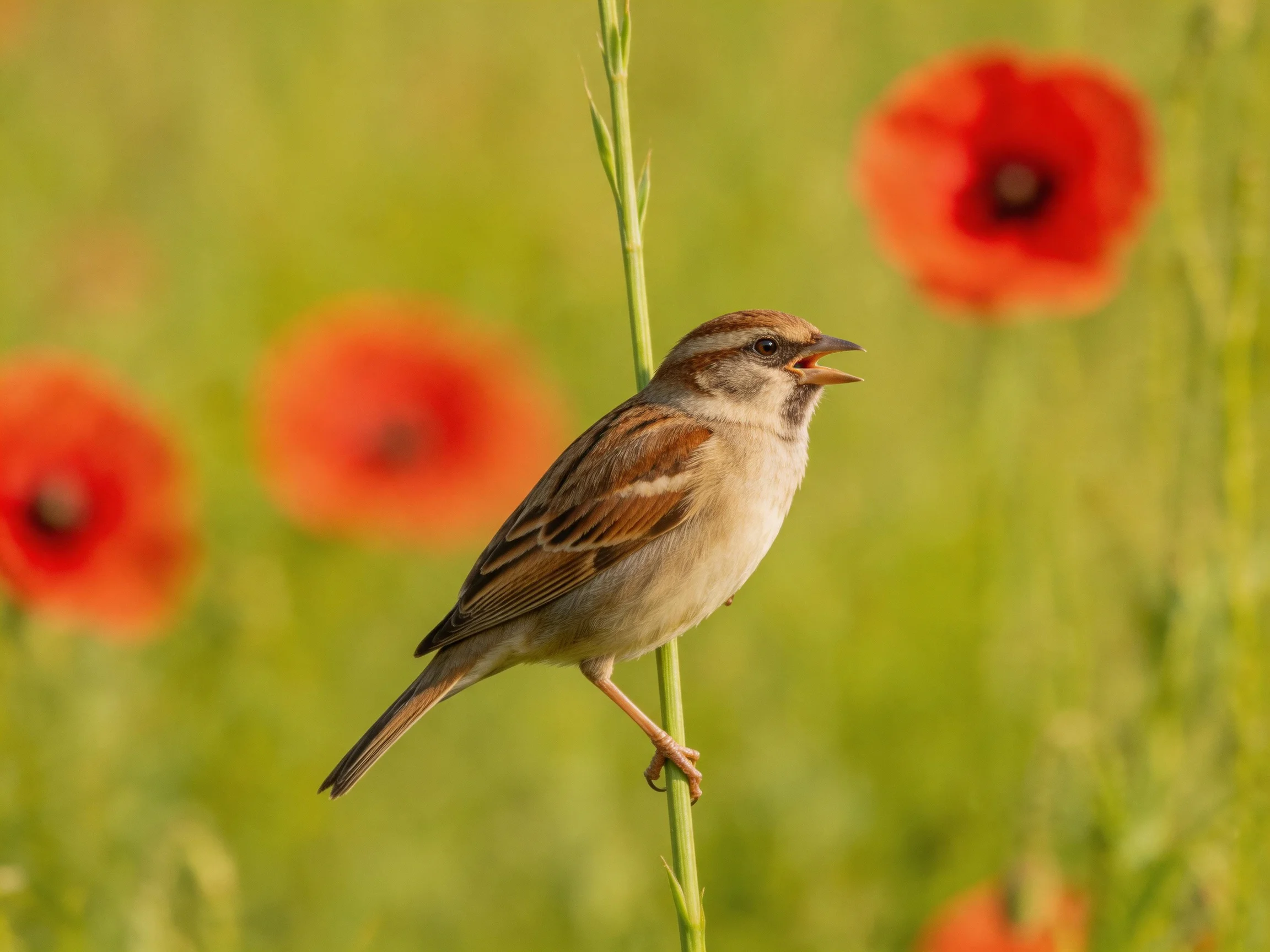 A small brown sparrow perched near vibrant red poppies in a green meadow