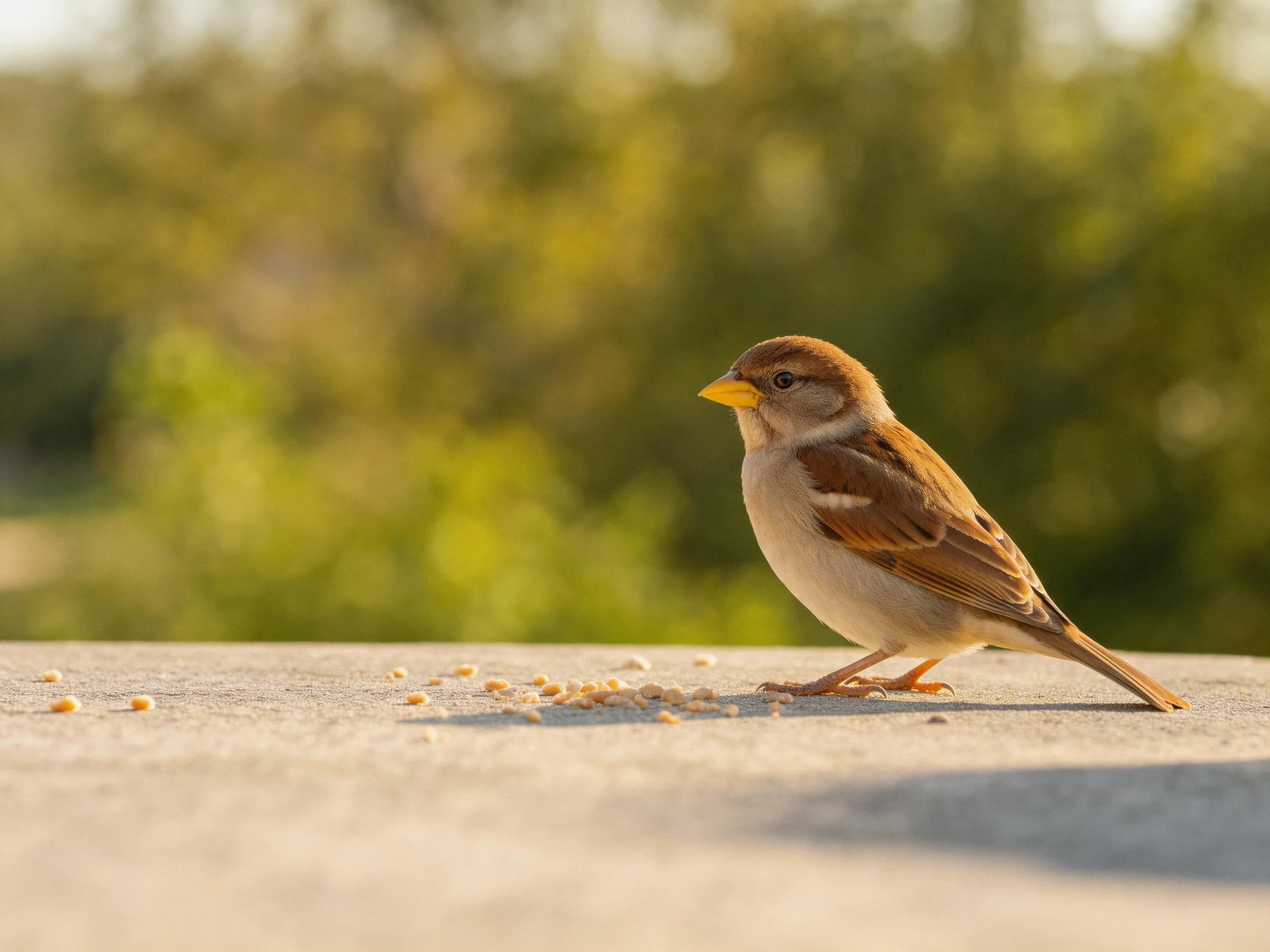 A small brown sparrow perched next to scattered seeds on a flat surface