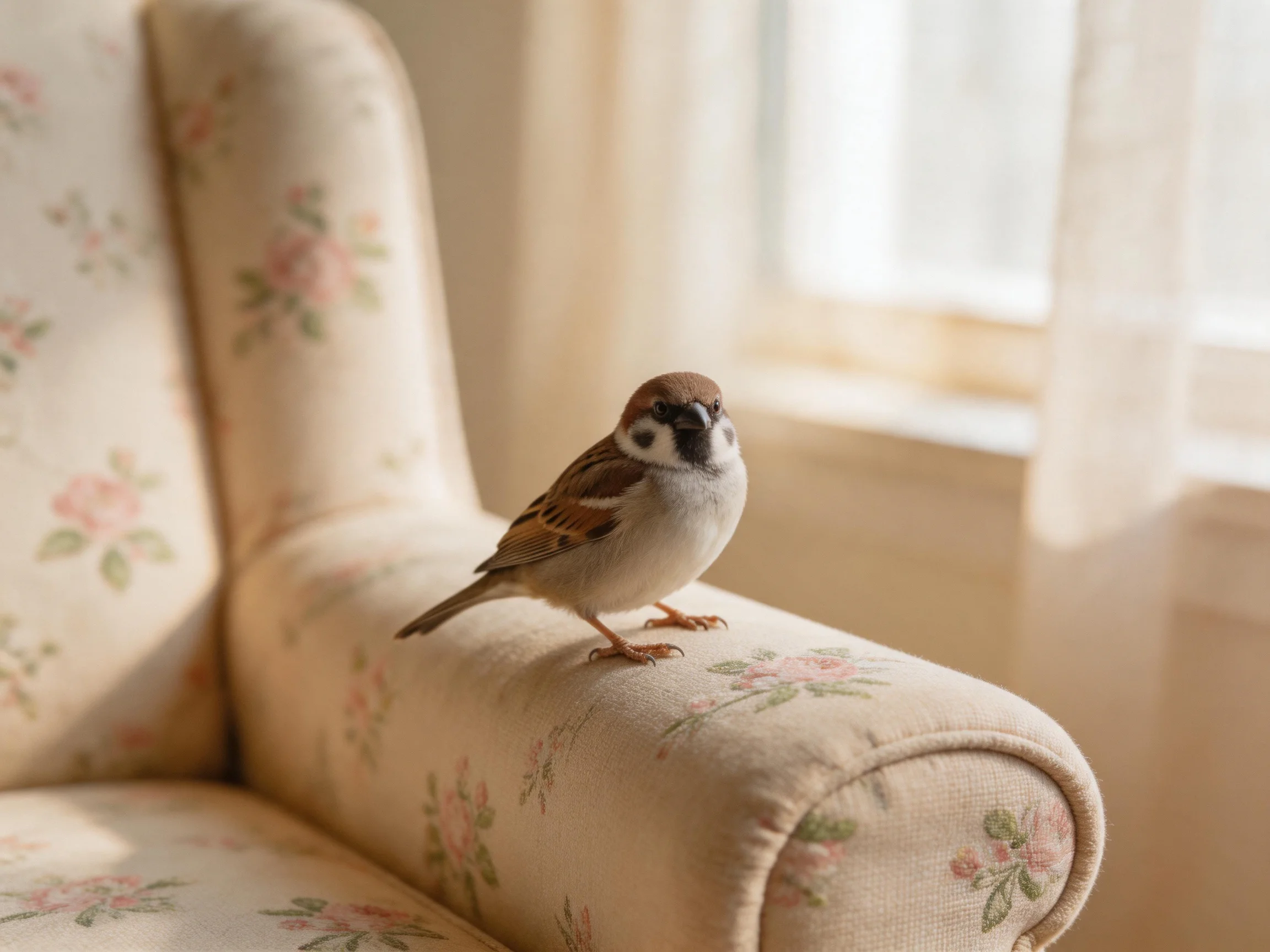 A small brown sparrow perched on a floral-patterned armchair by a sunlit window