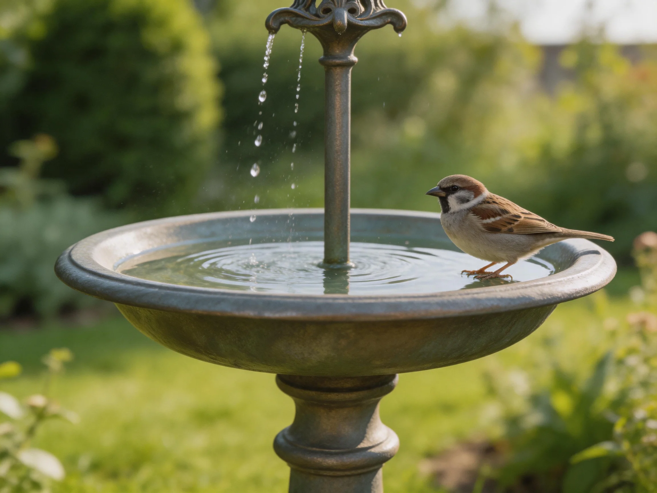 A small brown sparrow perched on an ornate metal bird bath fountain