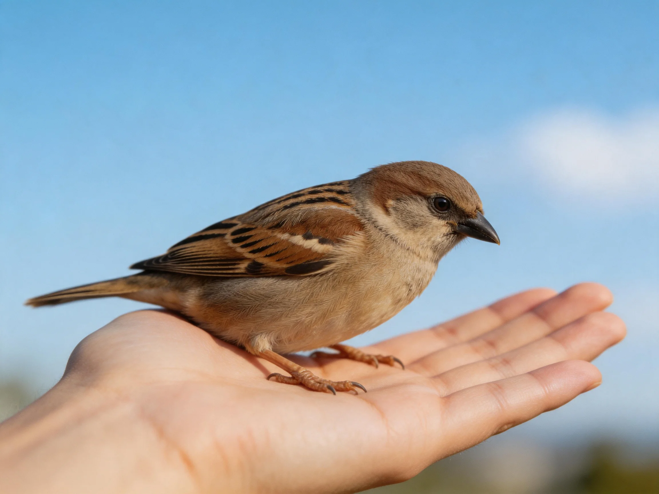 A small brown sparrow perched on an outstretched human palm