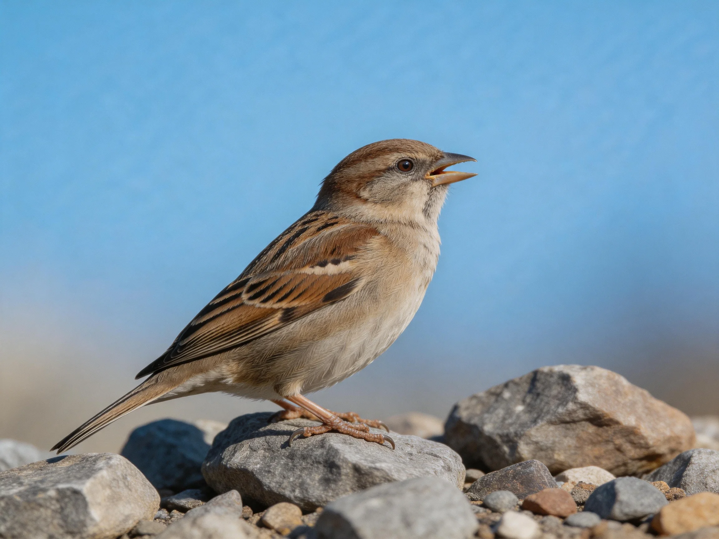 A small brown sparrow perched on gray rocks against a clear blue sky