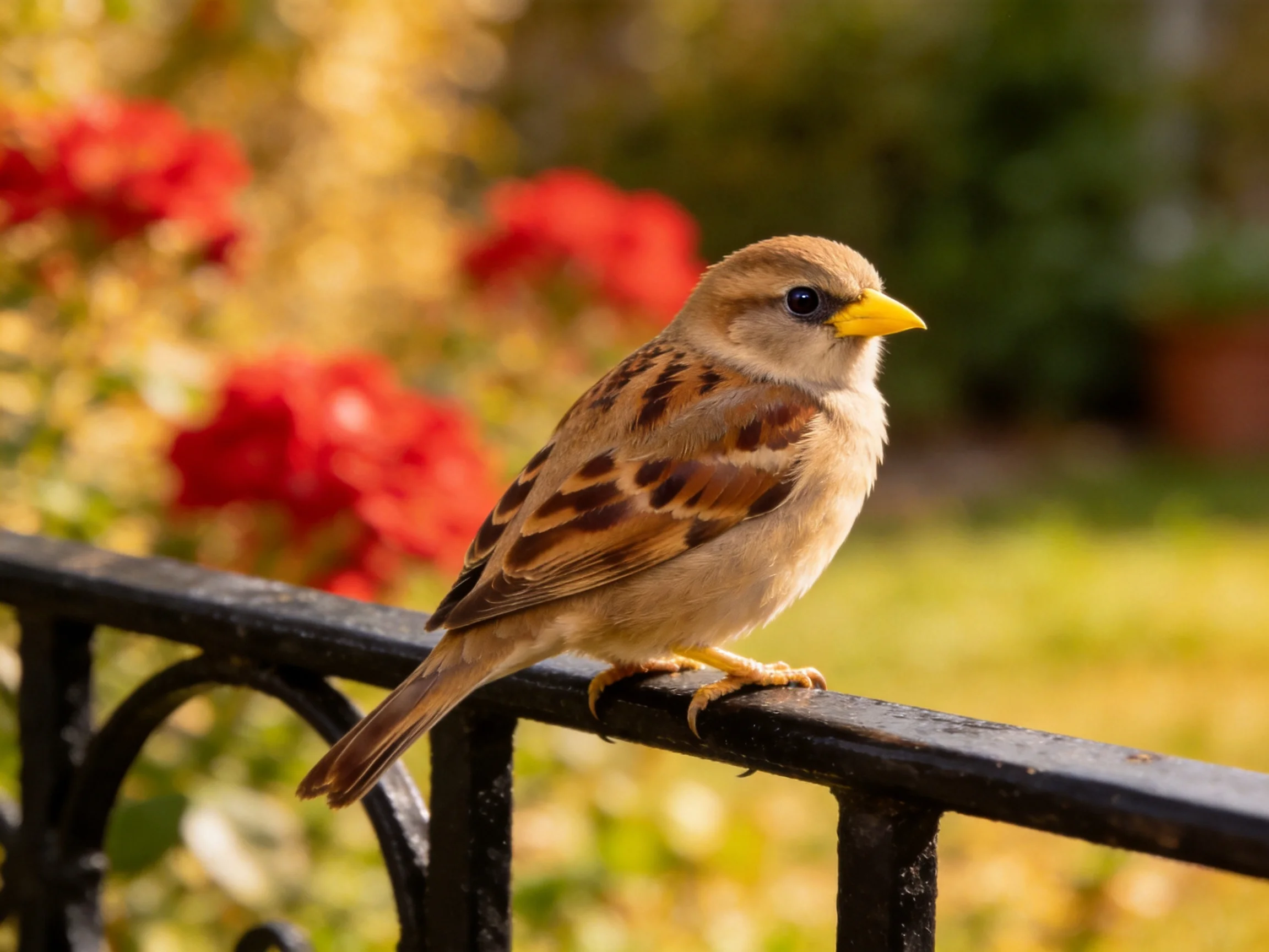A small brown sparrow perches on a black metal fence near vibrant red flowers