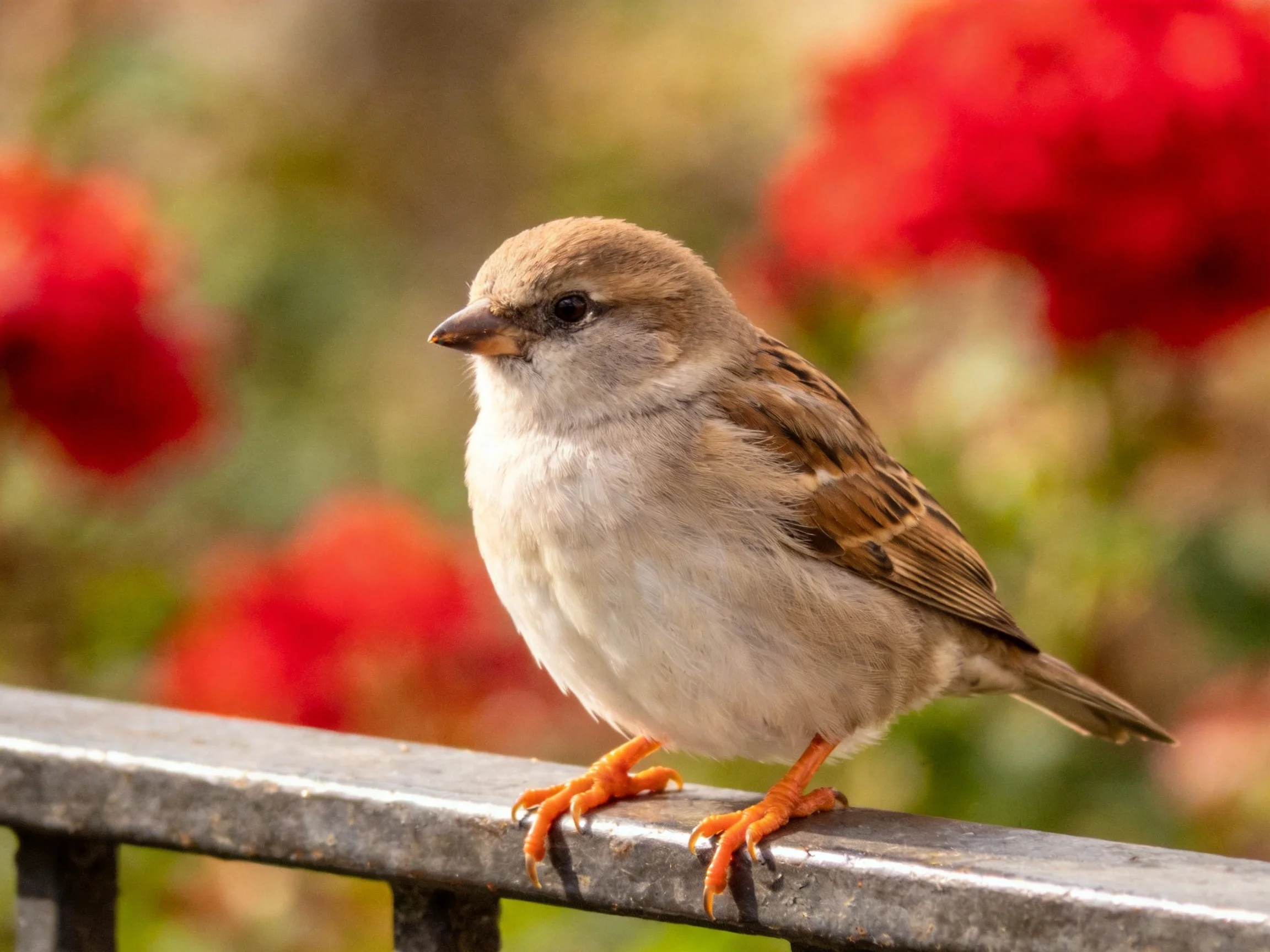 A small brown sparrow perches on a metal railing amid vibrant red flowers