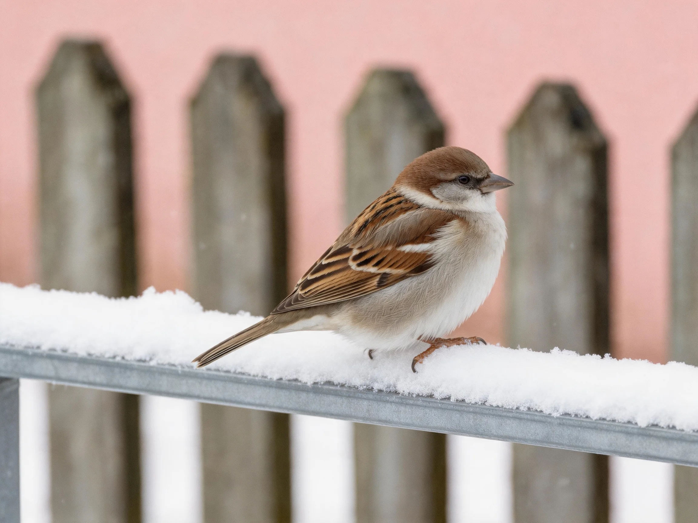 A small brown sparrow perches on a snowy metal rail near a wooden fence
