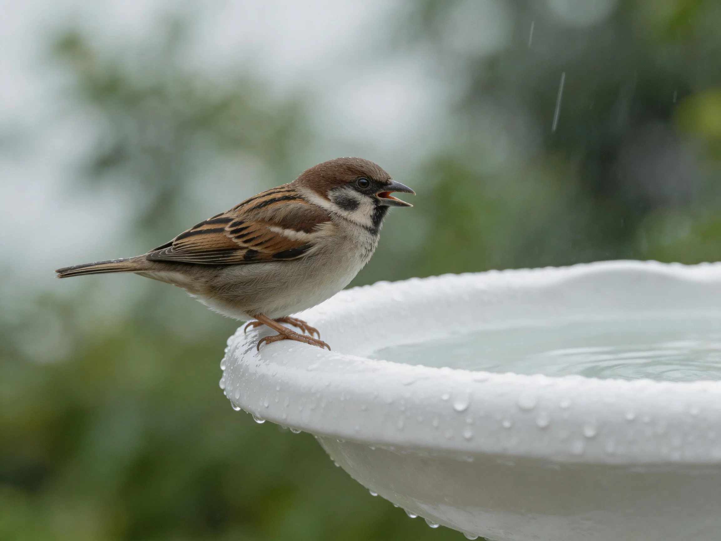 A small brown sparrow perches on a wet white birdbath amid falling rain