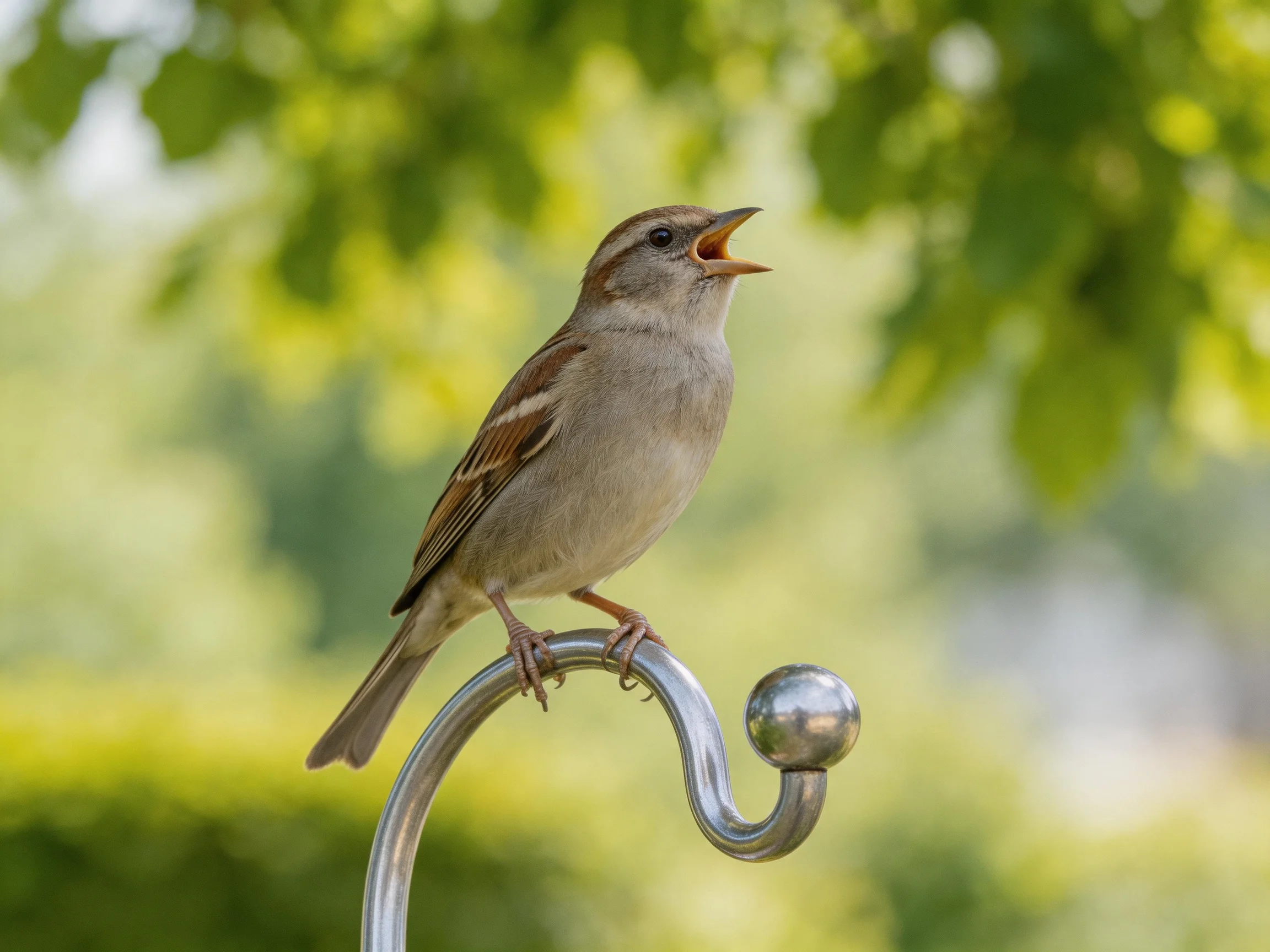 A small brown sparrow sings atop a metallic curved perch