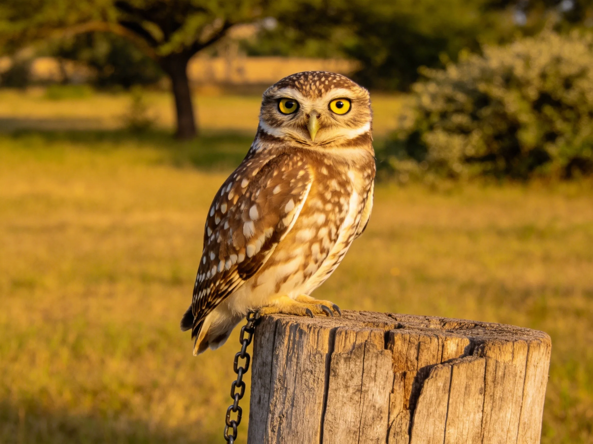 A small brown-speckled owl perched on a weathered wooden post