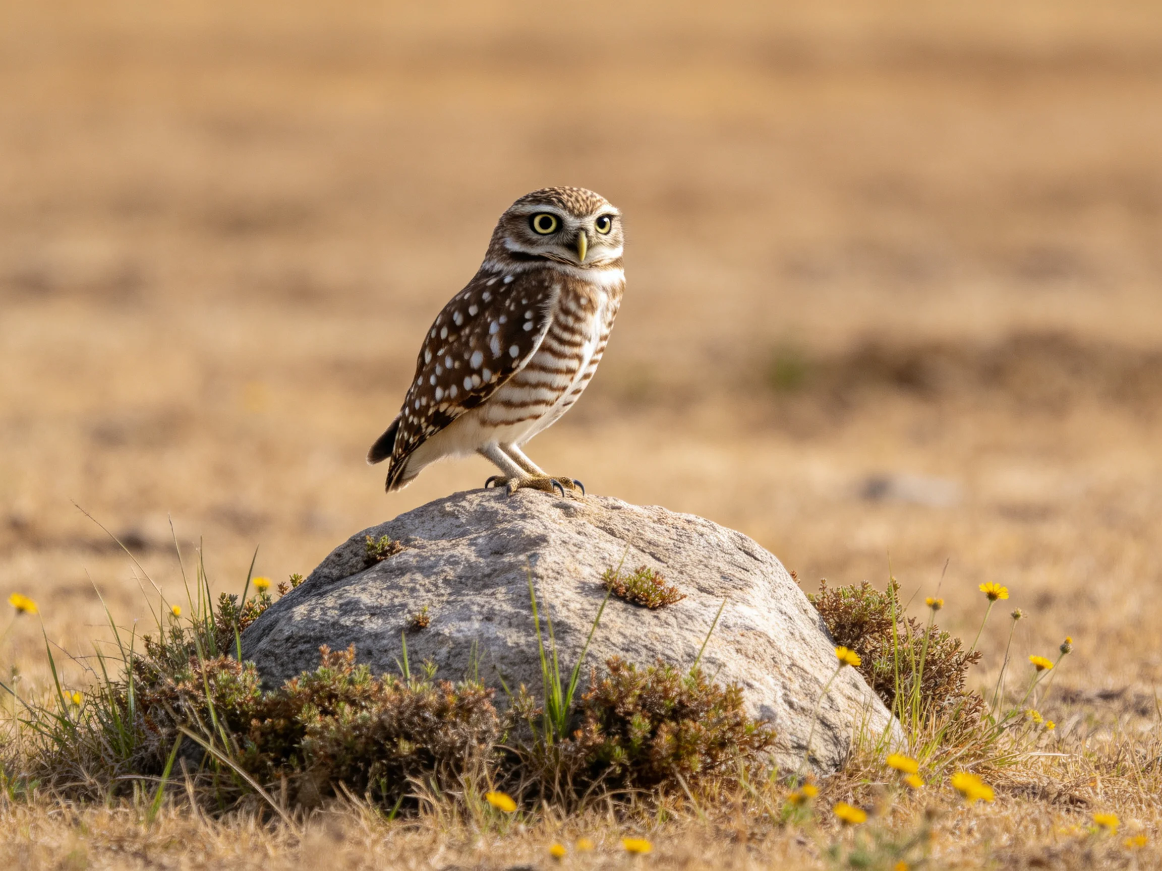 A small brown-speckled owl perches on a moss-covered rock in a dry landscape