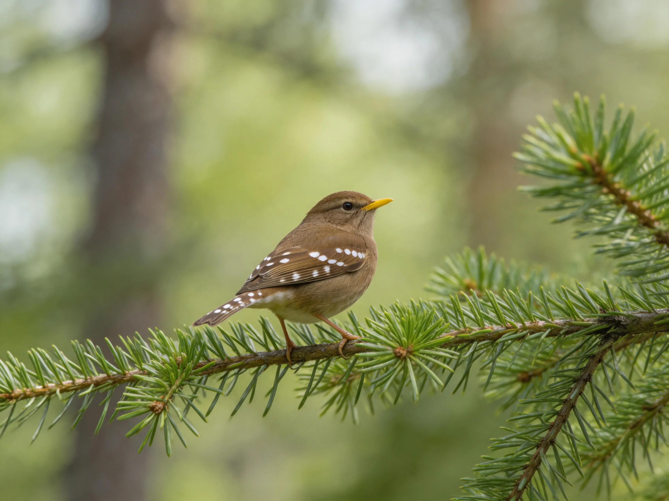 A small brown-spotted bird perches on a green pine branch