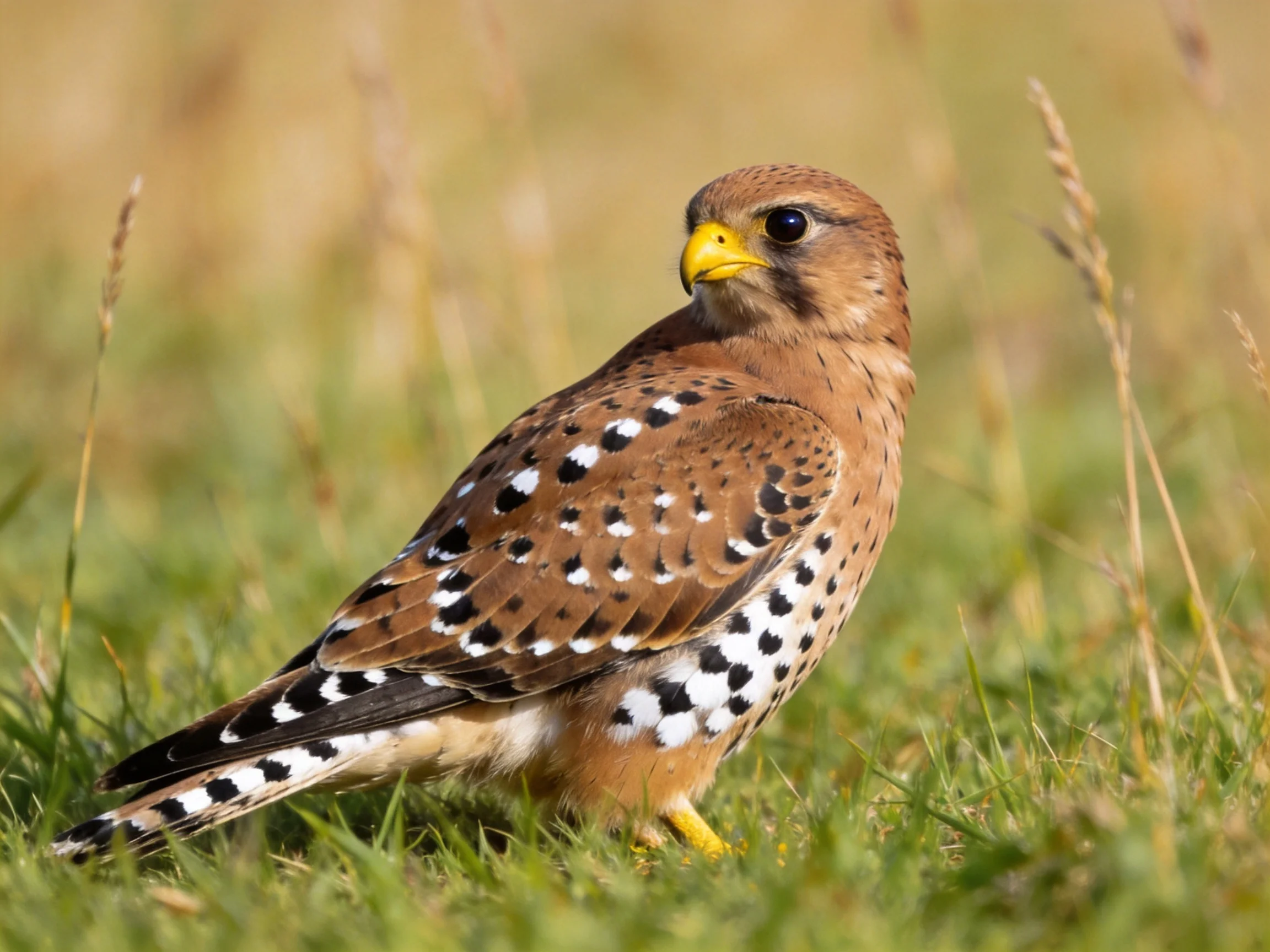A small brown-spotted falcon on grass