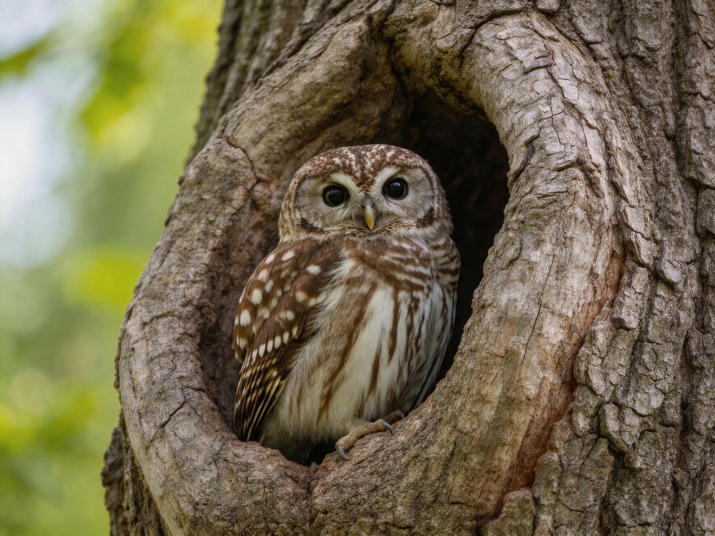 A small brown-spotted owl in a large tree hollow