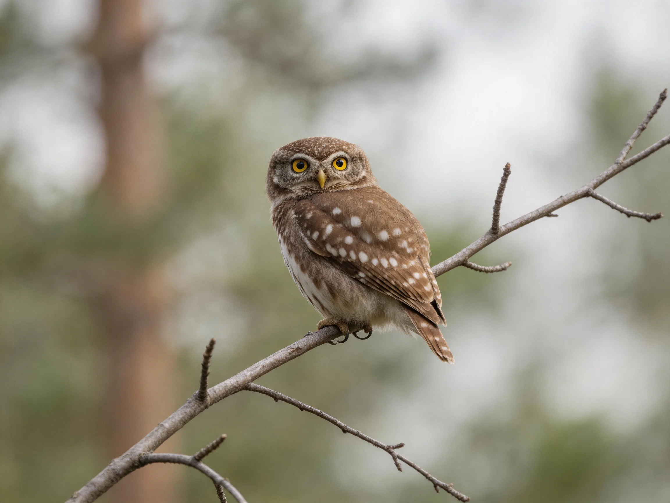 A small brown-spotted owl perched on a bare tree branch