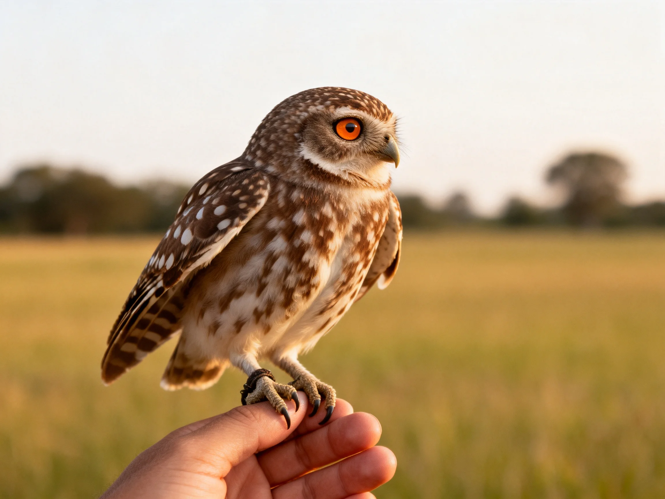 A small brown-spotted owl perched on a human hand in a sunlit field