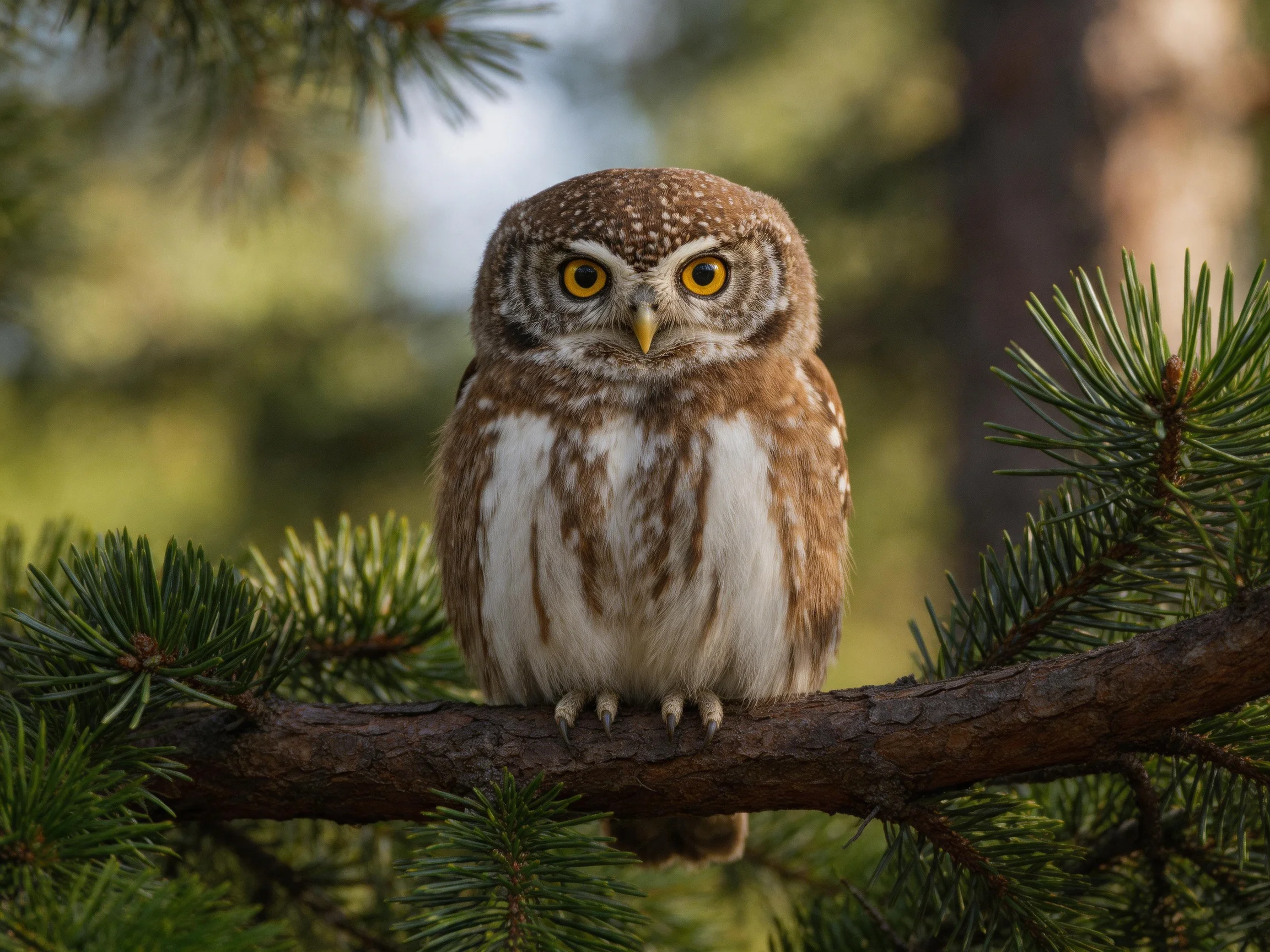 A small brown-spotted owl perched on a pine branch