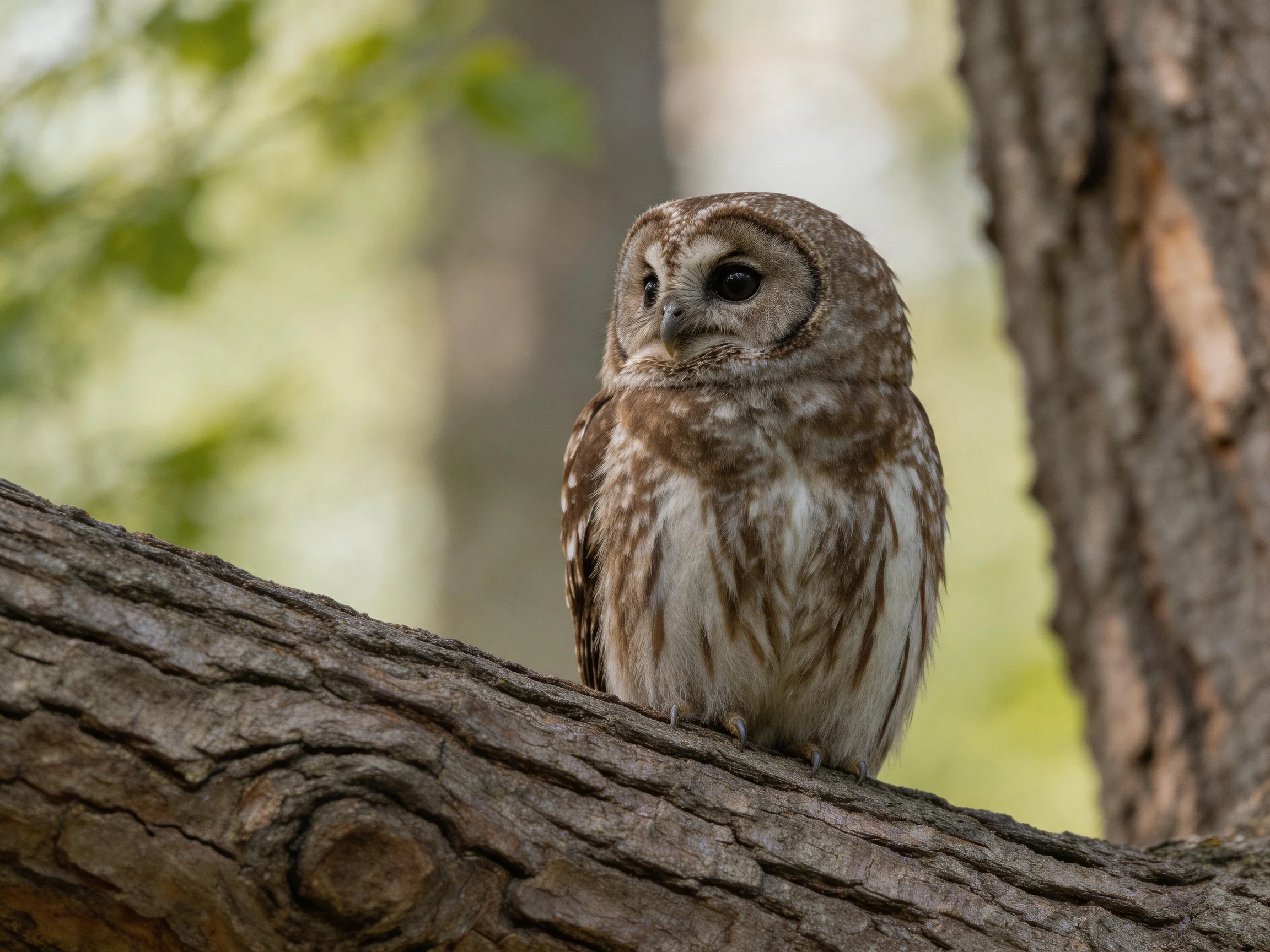 A small brown-spotted owl perched on a thick tree branch
