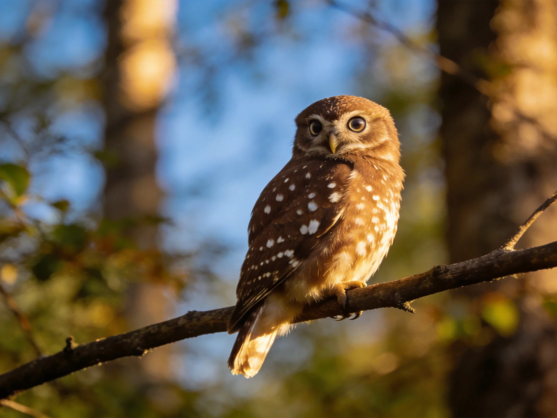 A small brown-spotted owl perched on a tree branch in a forest