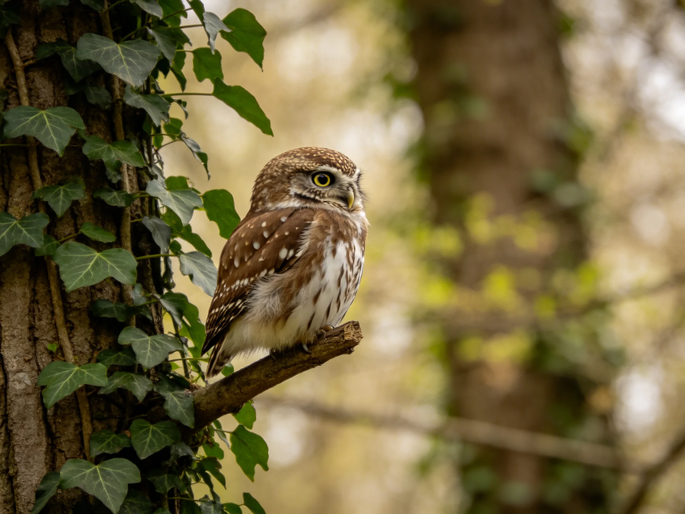 A small brown - spotted owl perched on an ivy - covered tree branch