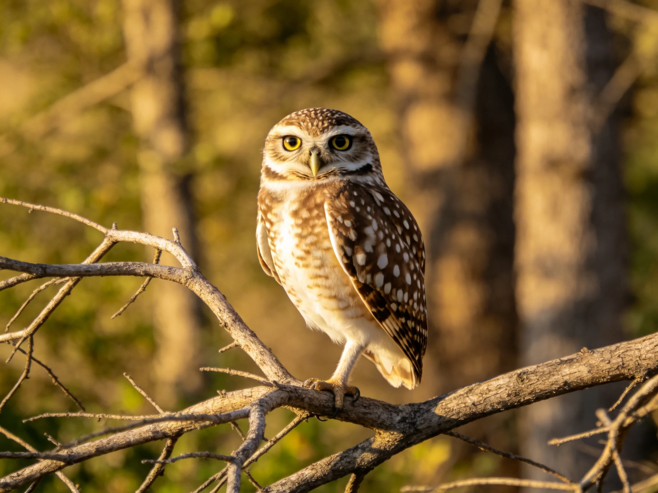 A small brown-spotted owl perches on a bare tree branch in golden sunlight