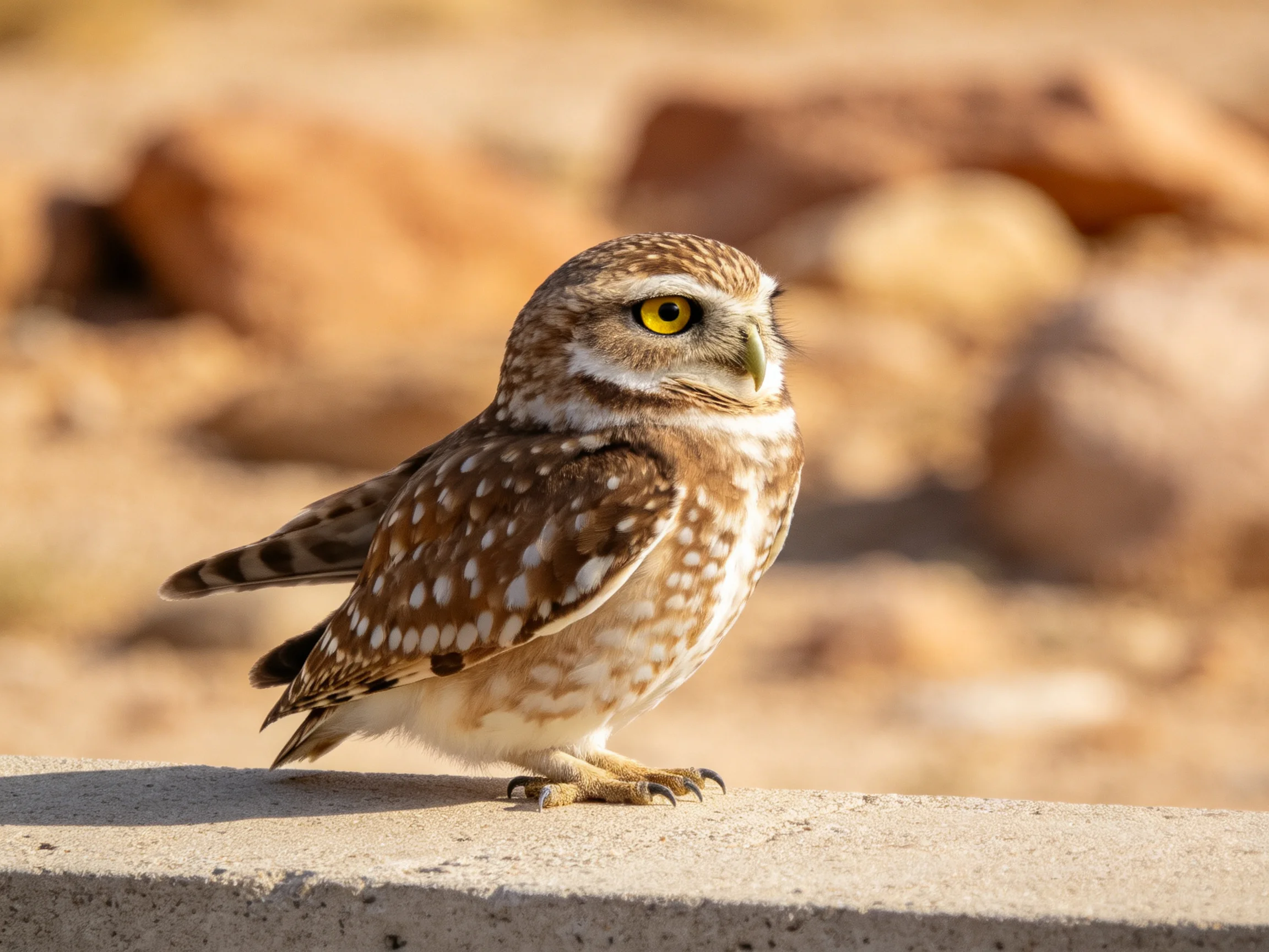 A small brown-spotted owl perches on a concrete ledge amid rocky terrain