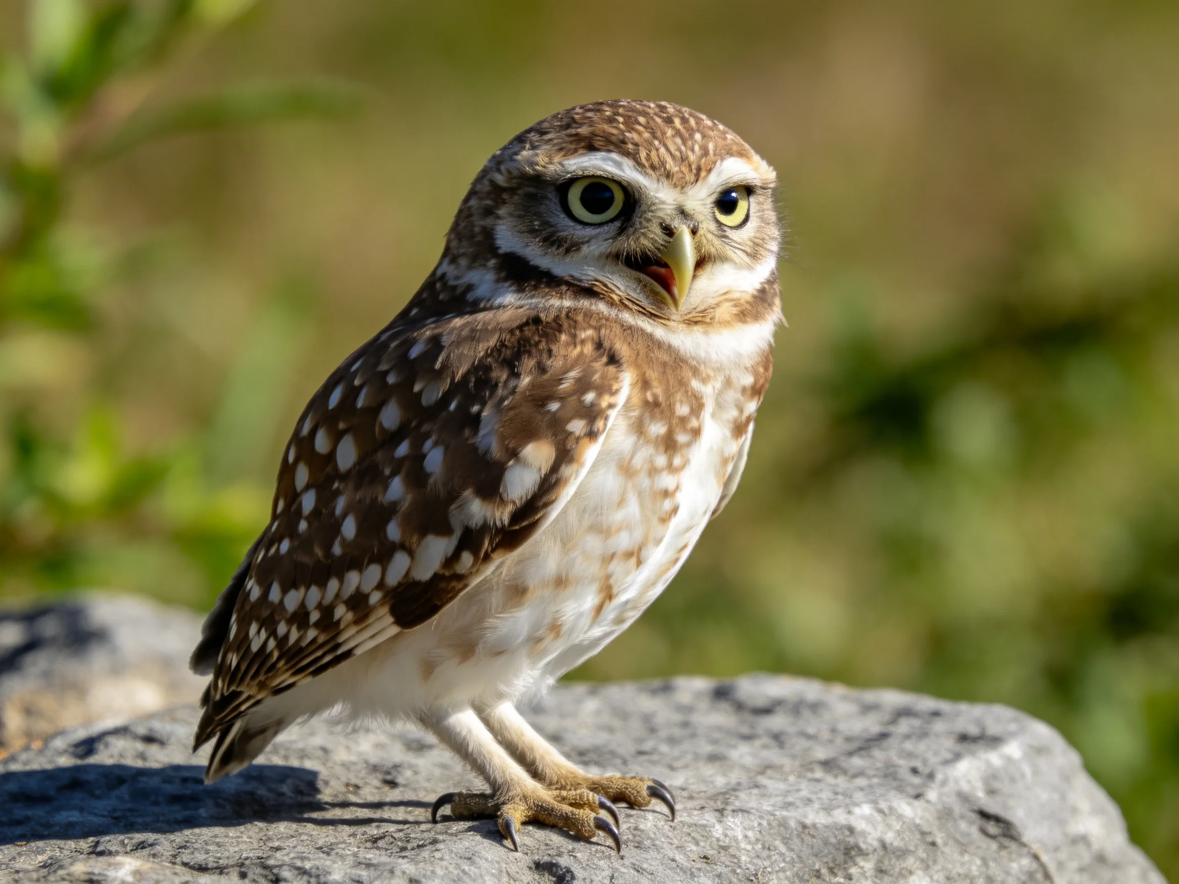 A small brown-spotted owl perches on a gray rock near greenery