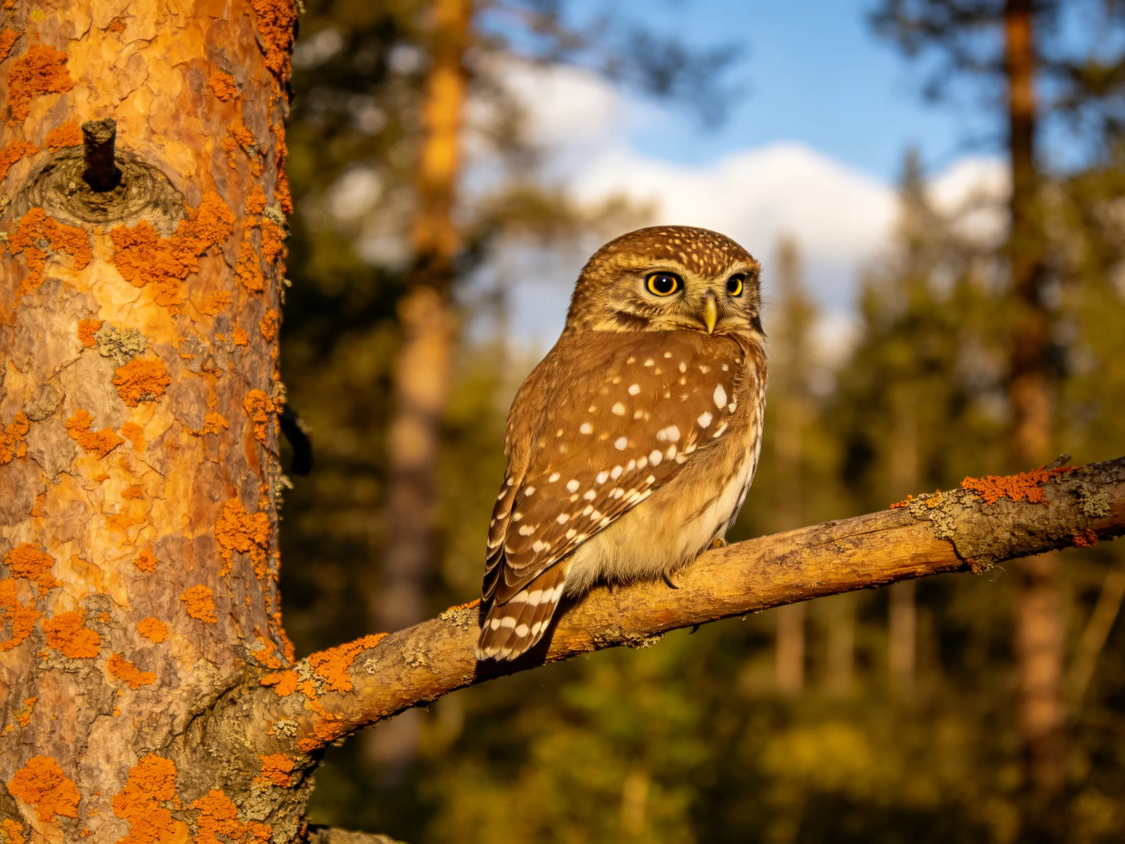 A small brown-spotted owl perches on a lichen-covered tree branch