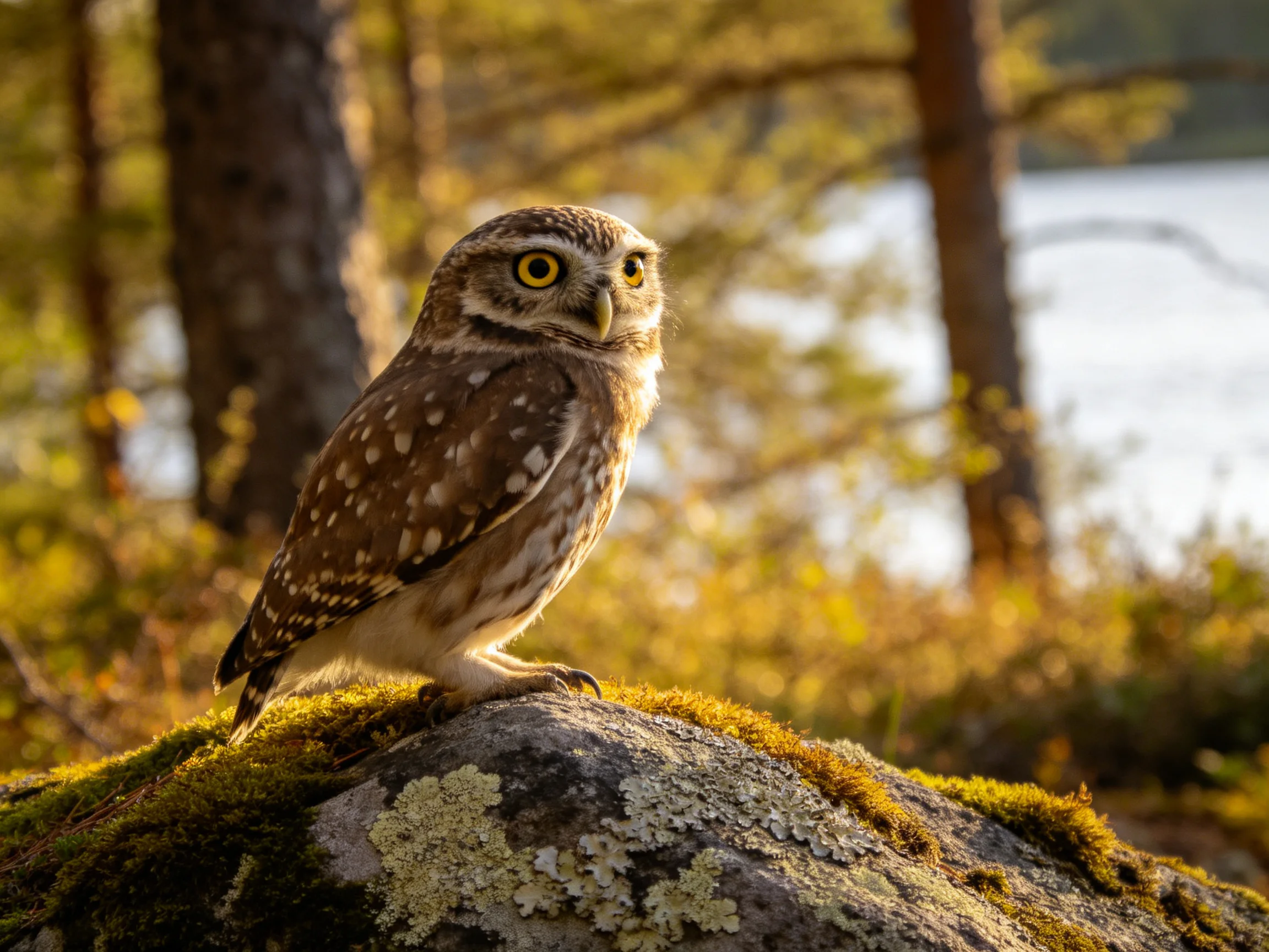 A small brown-spotted owl perches on a mossy, lichen-covered rock