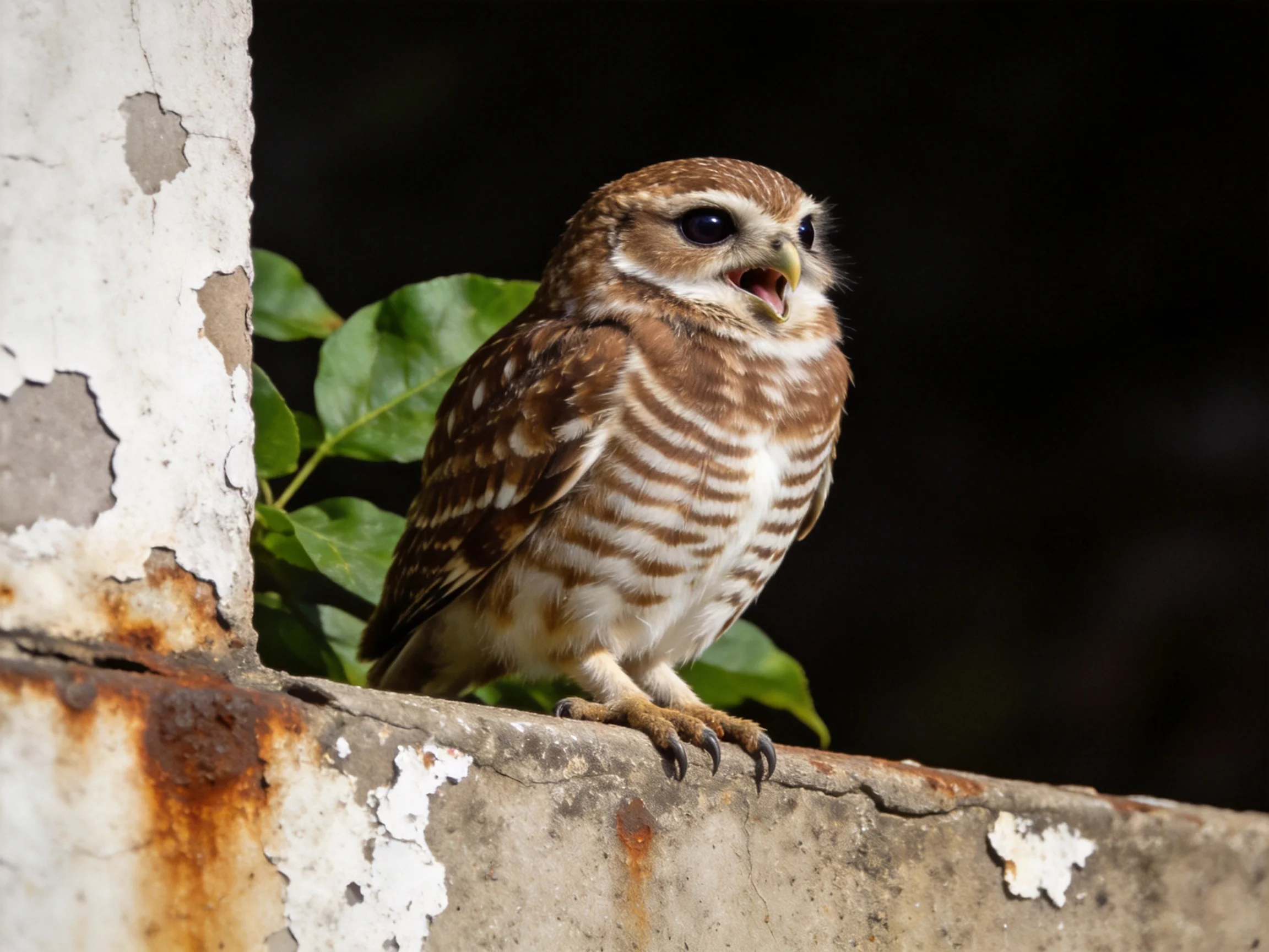 A small brown-spotted owl perches on a weathered concrete ledge