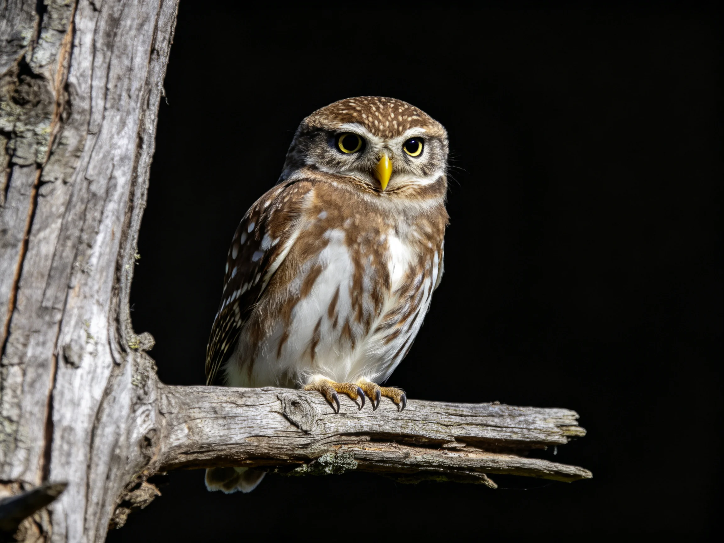 A small brown-spotted owl perches on a weathered tree branch