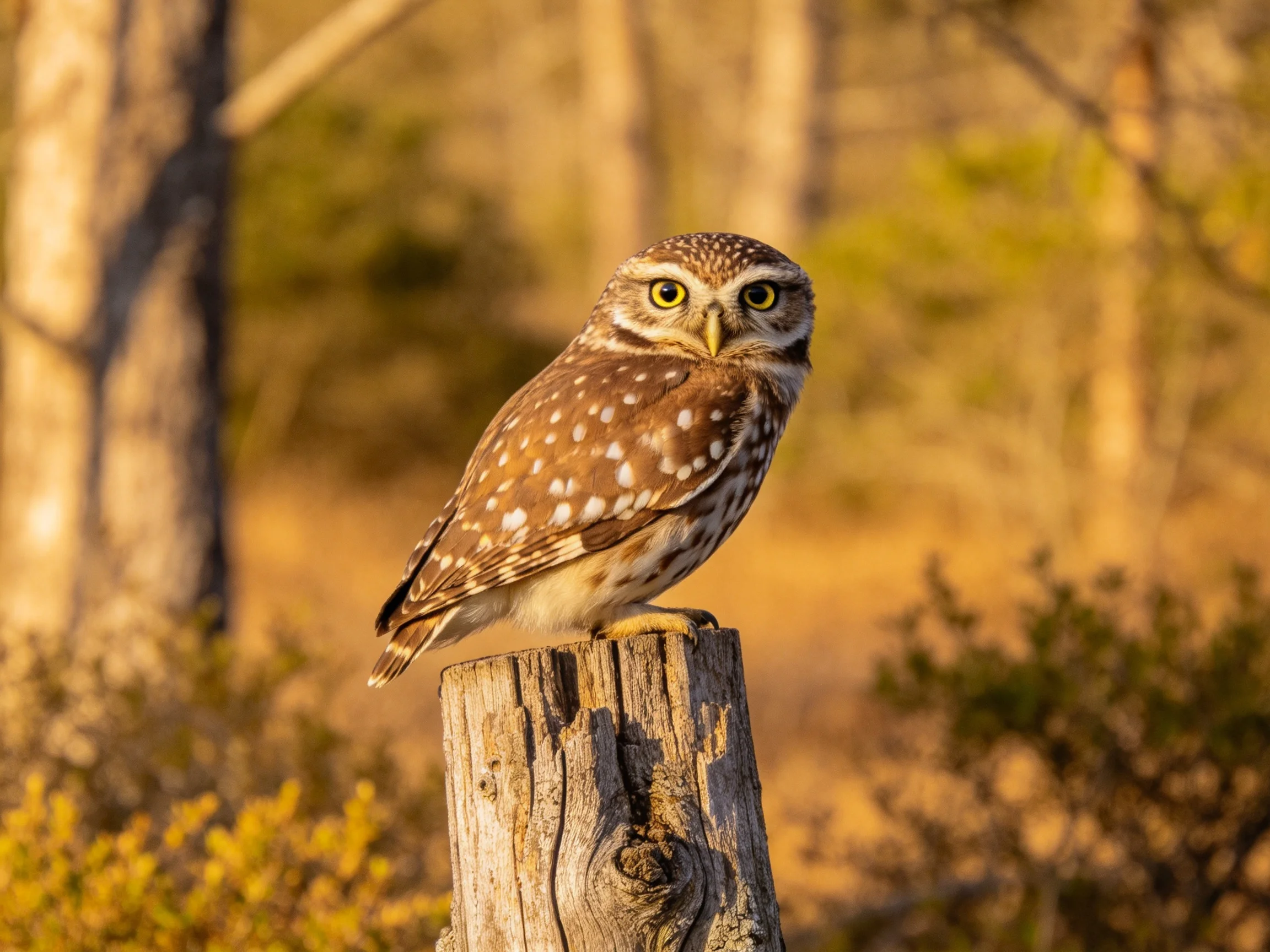 A small brown-spotted owl perches on a weathered tree stump in golden light