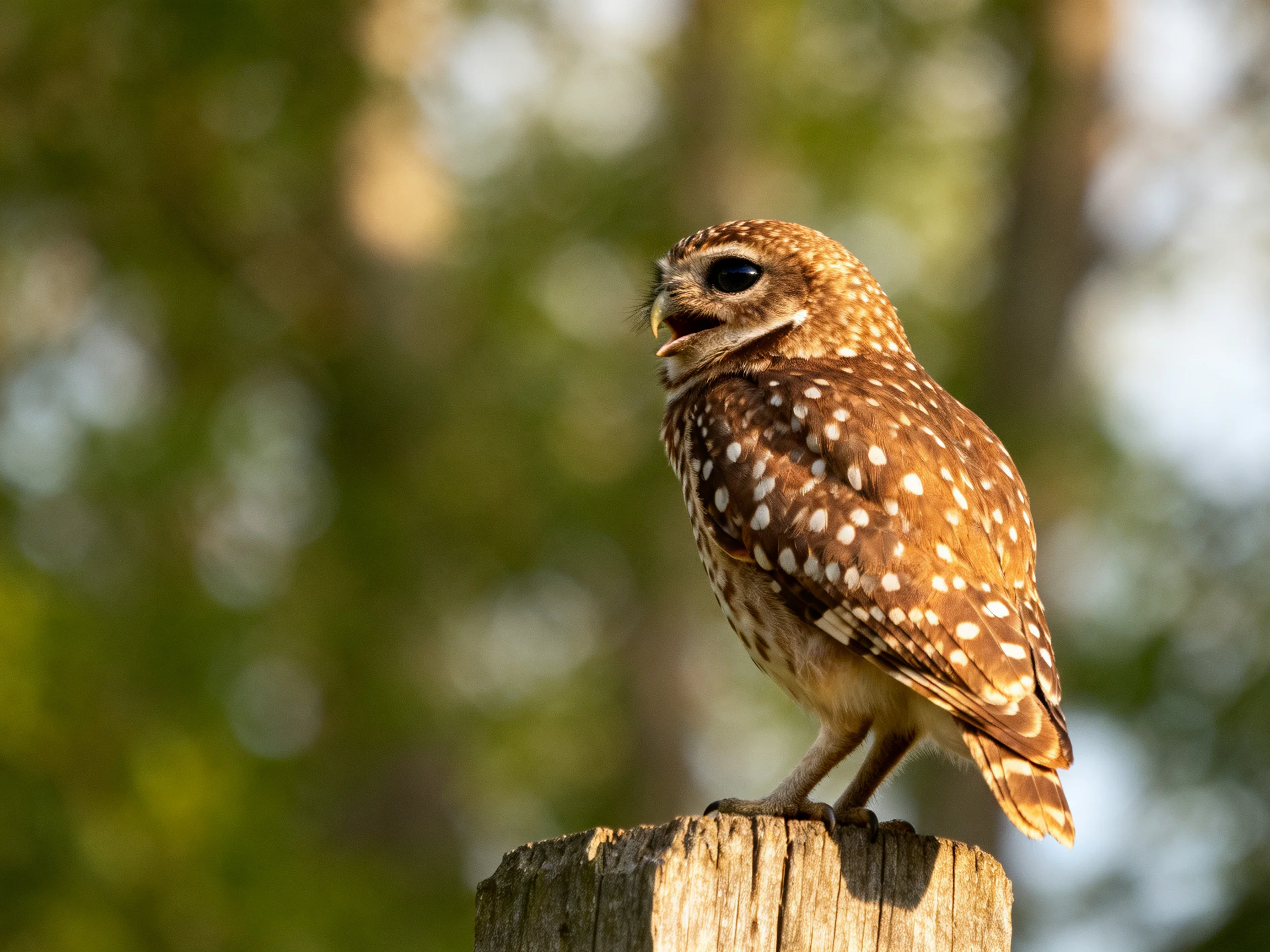 A small brown-spotted owl perches on a weathered wooden post