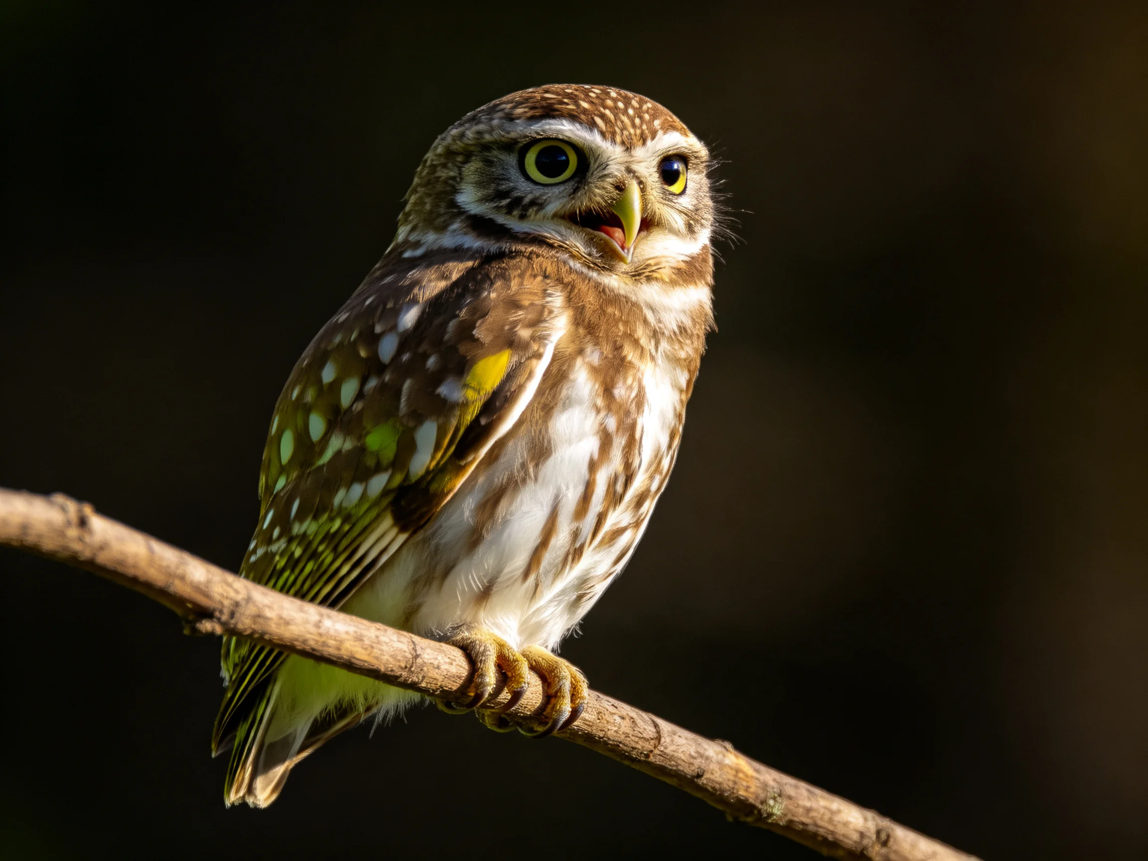 A small brown-spotted owl with yellow eyes perched on a branch