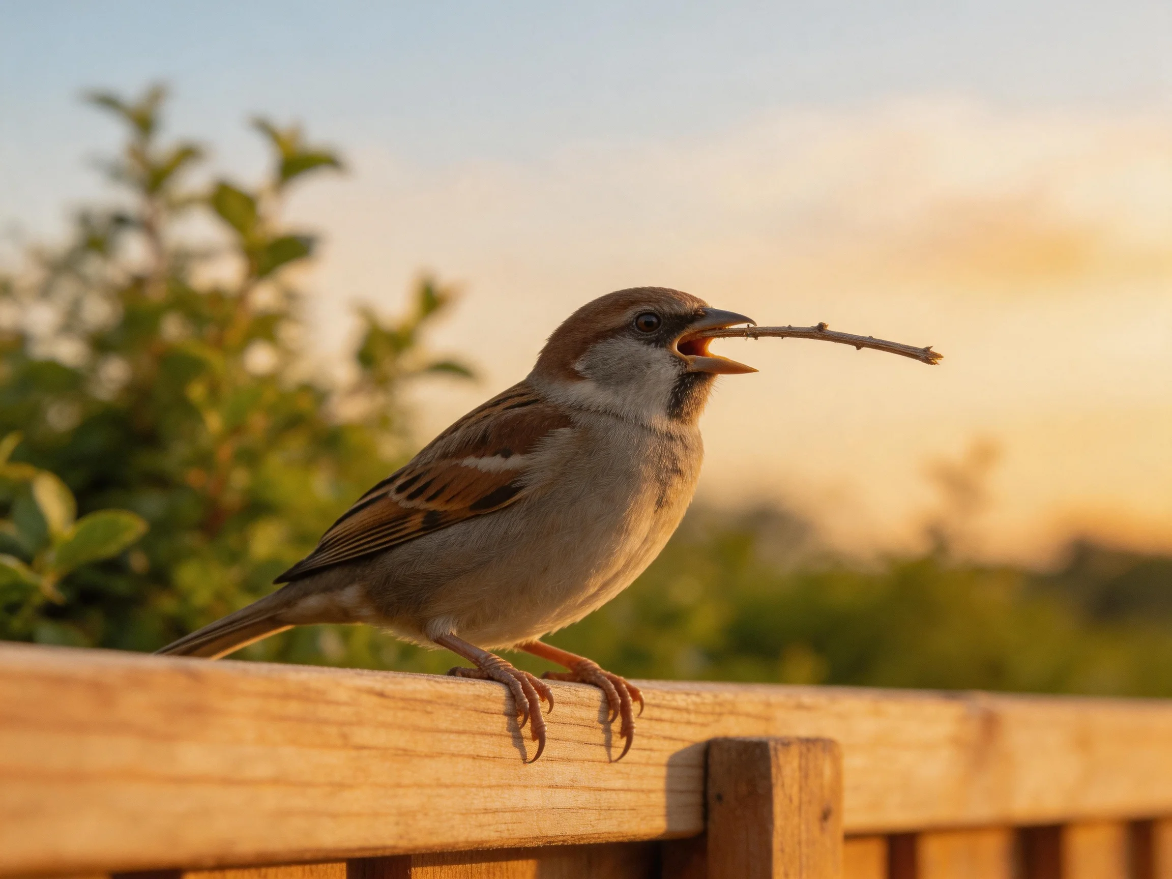 A small brown-spotted sparrow carries a twig on a wooden fence at golden hour