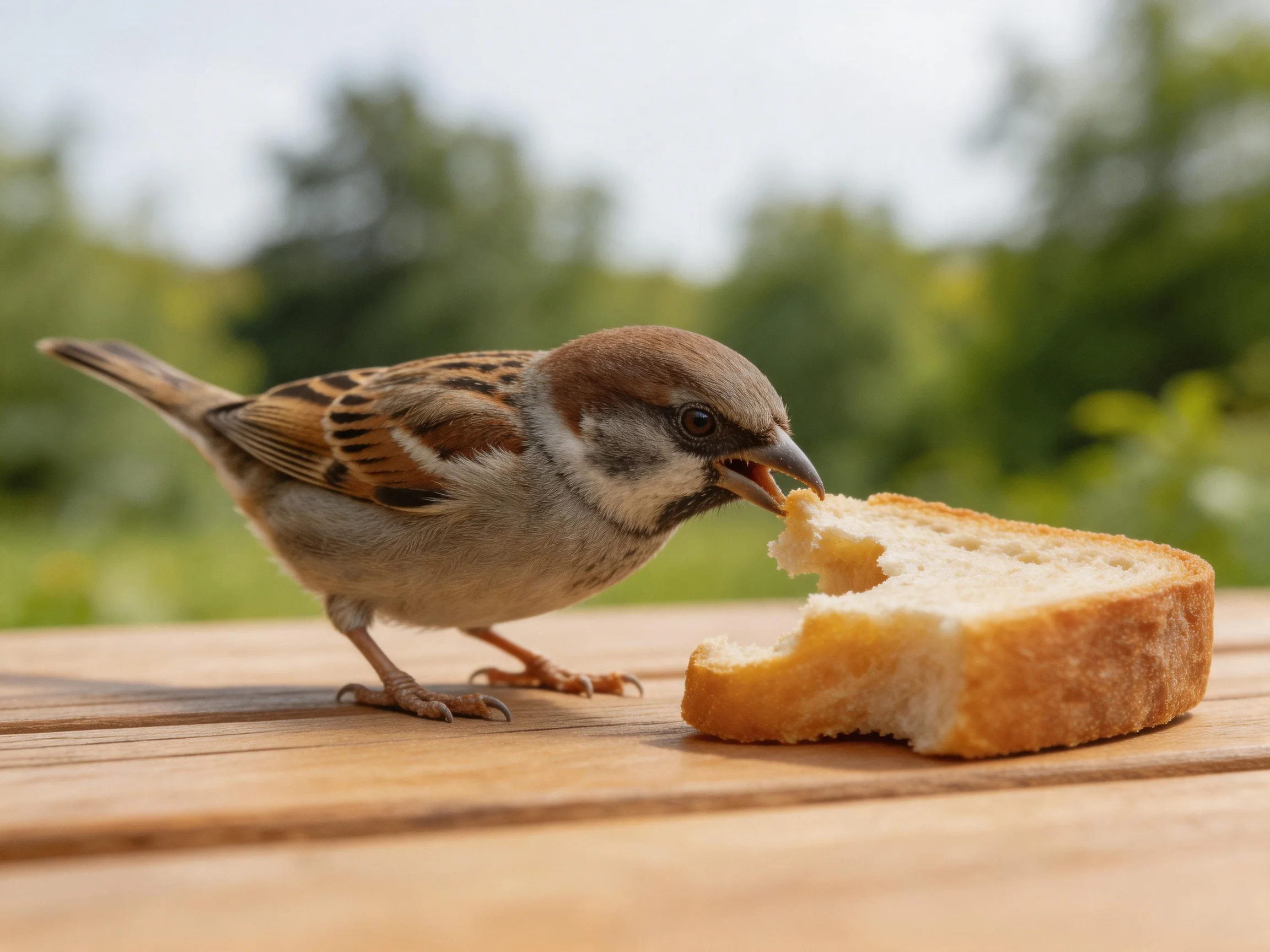 A small brown-spotted sparrow feeding on a partially eaten bread slice