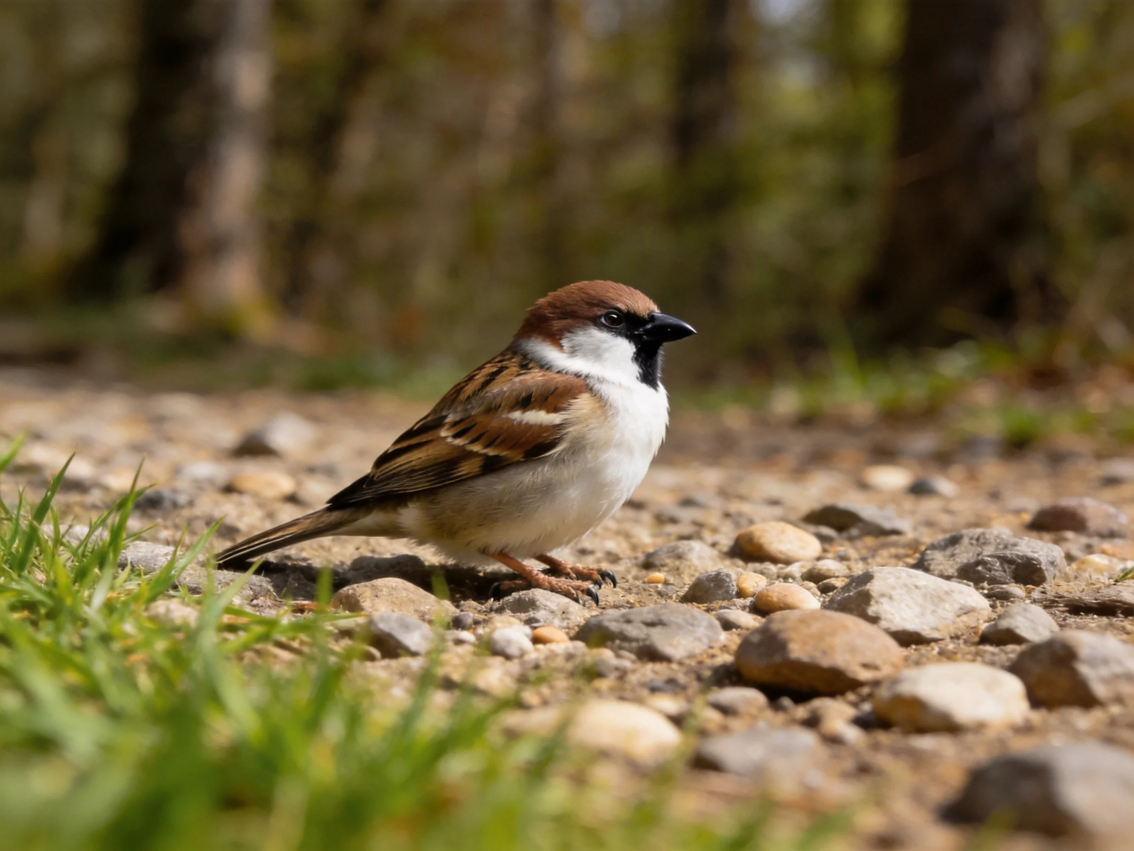 A small brown-spotted sparrow on a rocky, grass-lined path