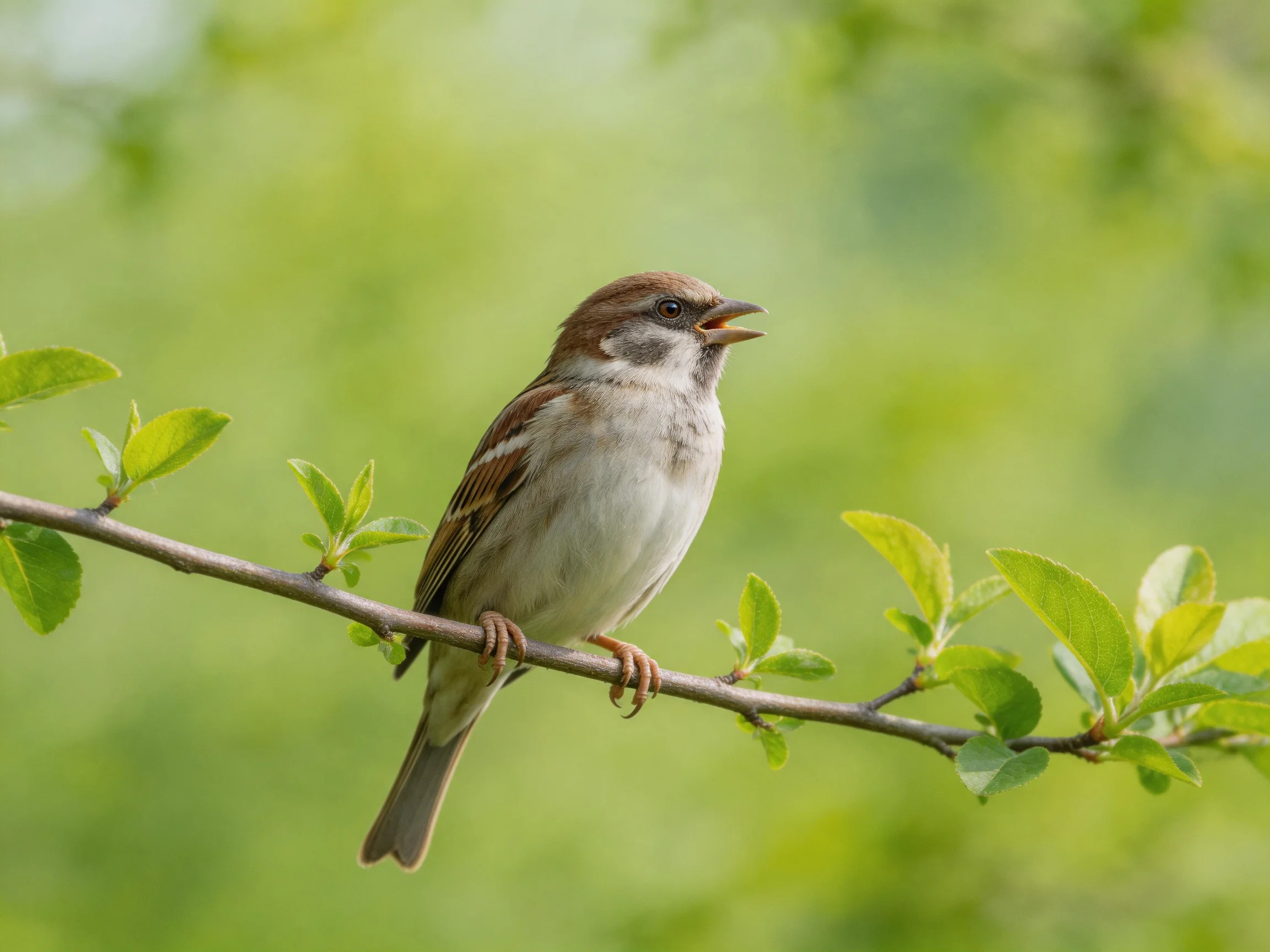 A small brown-spotted sparrow perched on a leafy branch