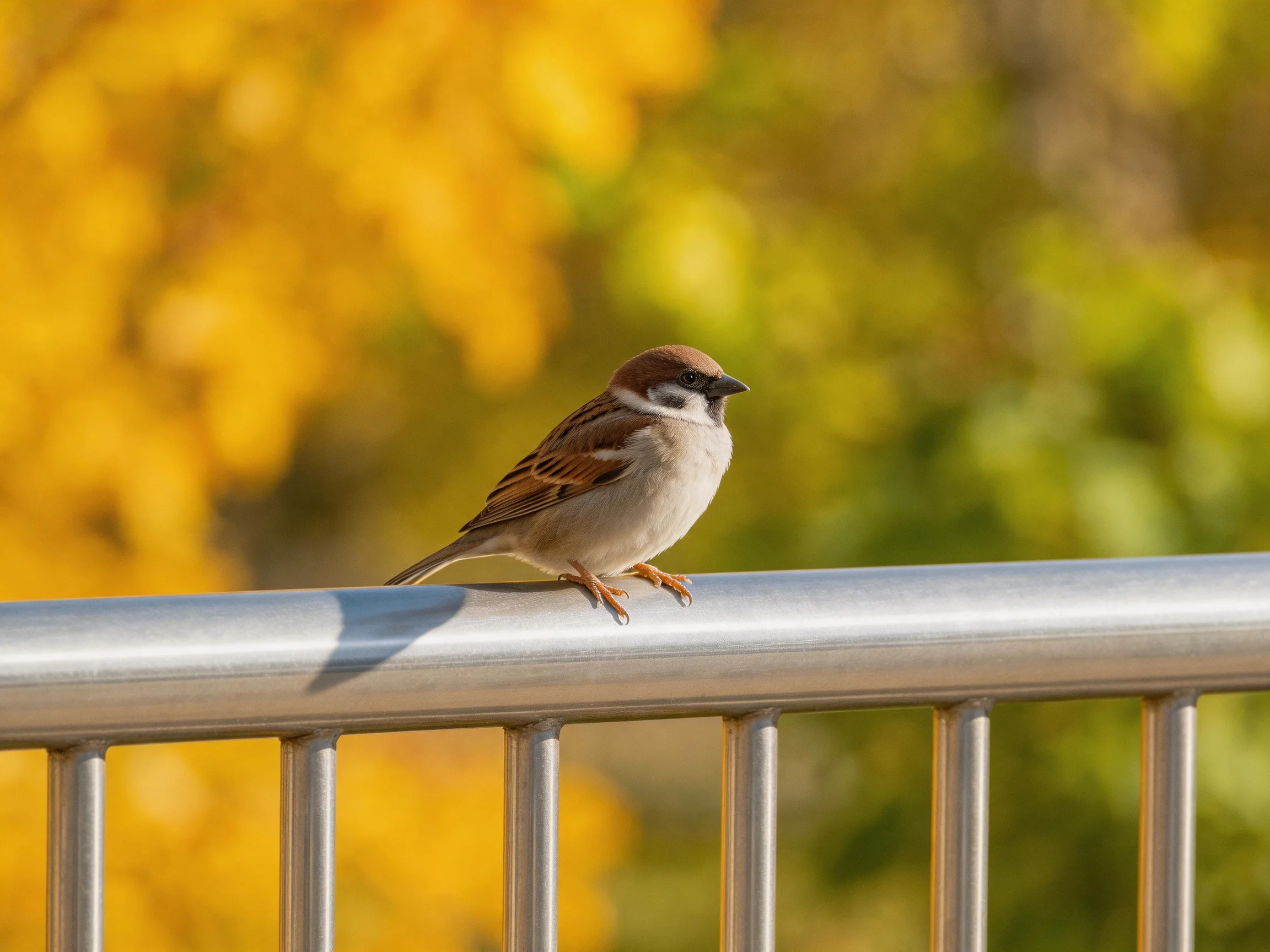A small brown-spotted sparrow perched on a metallic railing