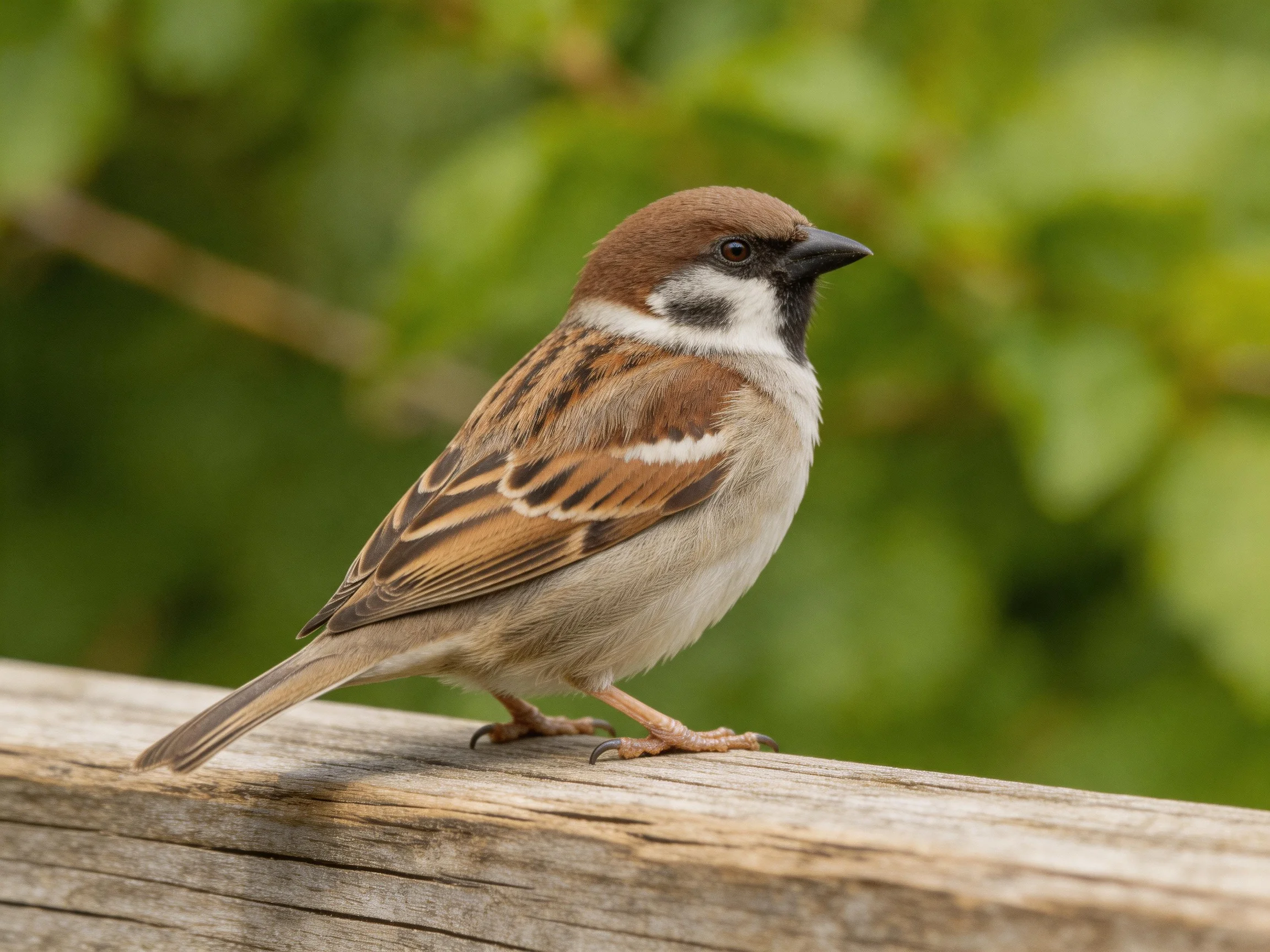 A small brown-spotted sparrow perched on weathered wooden planks