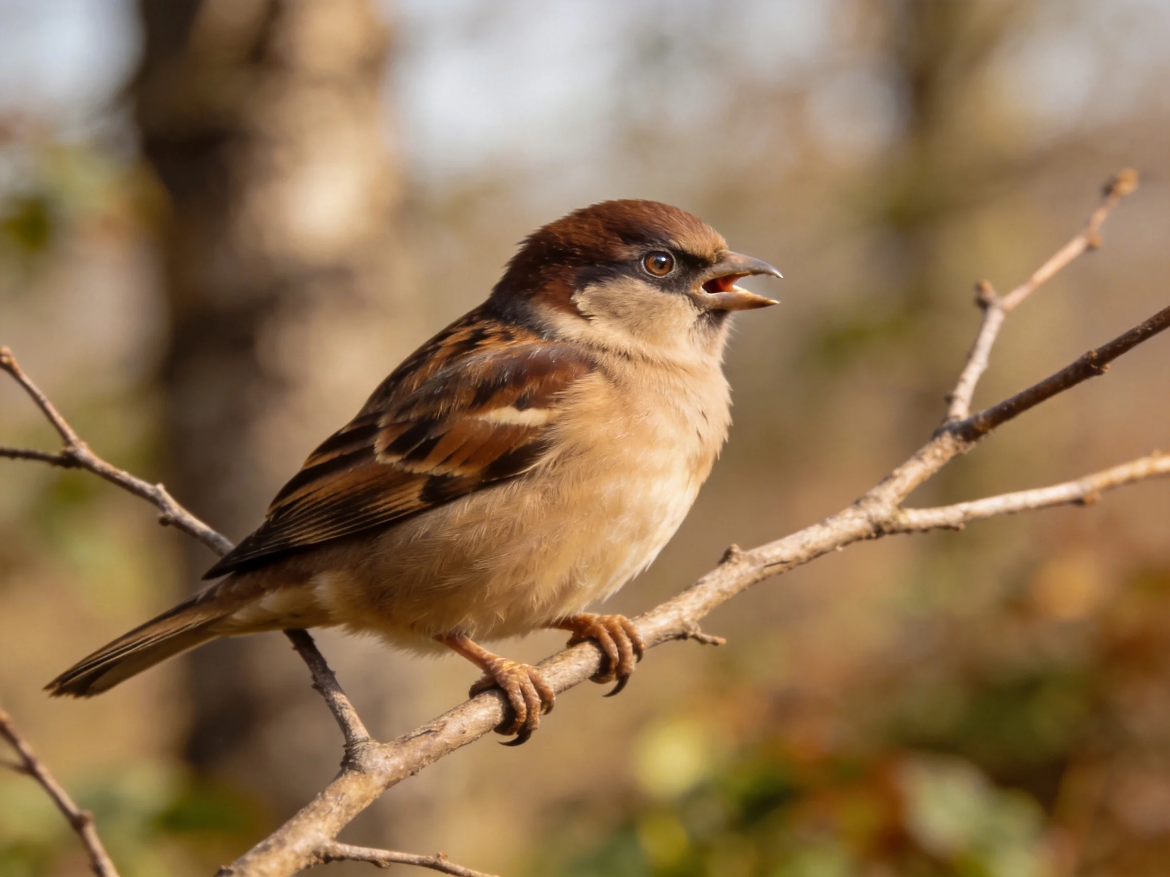 A small brown-spotted sparrow perches on a bare tree branch