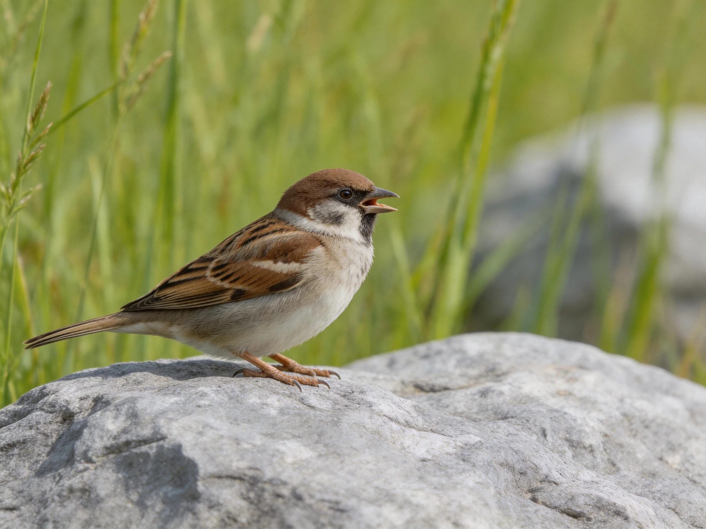 A small brown-spotted sparrow perches on a gray rock amid tall green grass