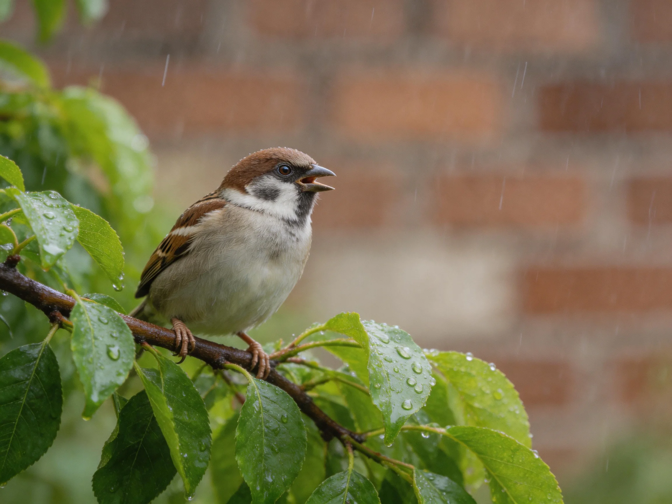 A small brown-spotted sparrow perches on a leafy branch in the rain