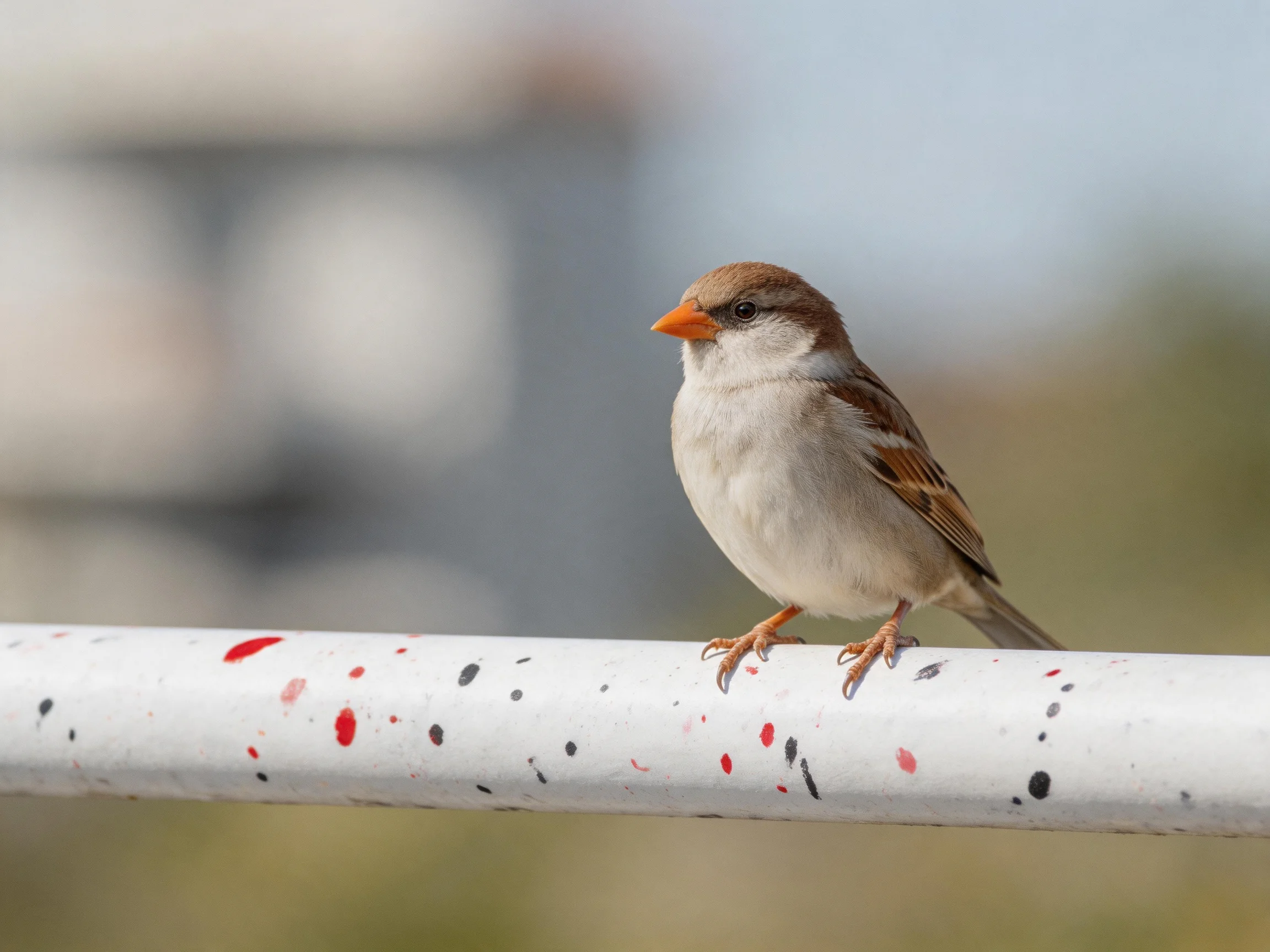 A small brown-spotted sparrow perches on a speckled white pole