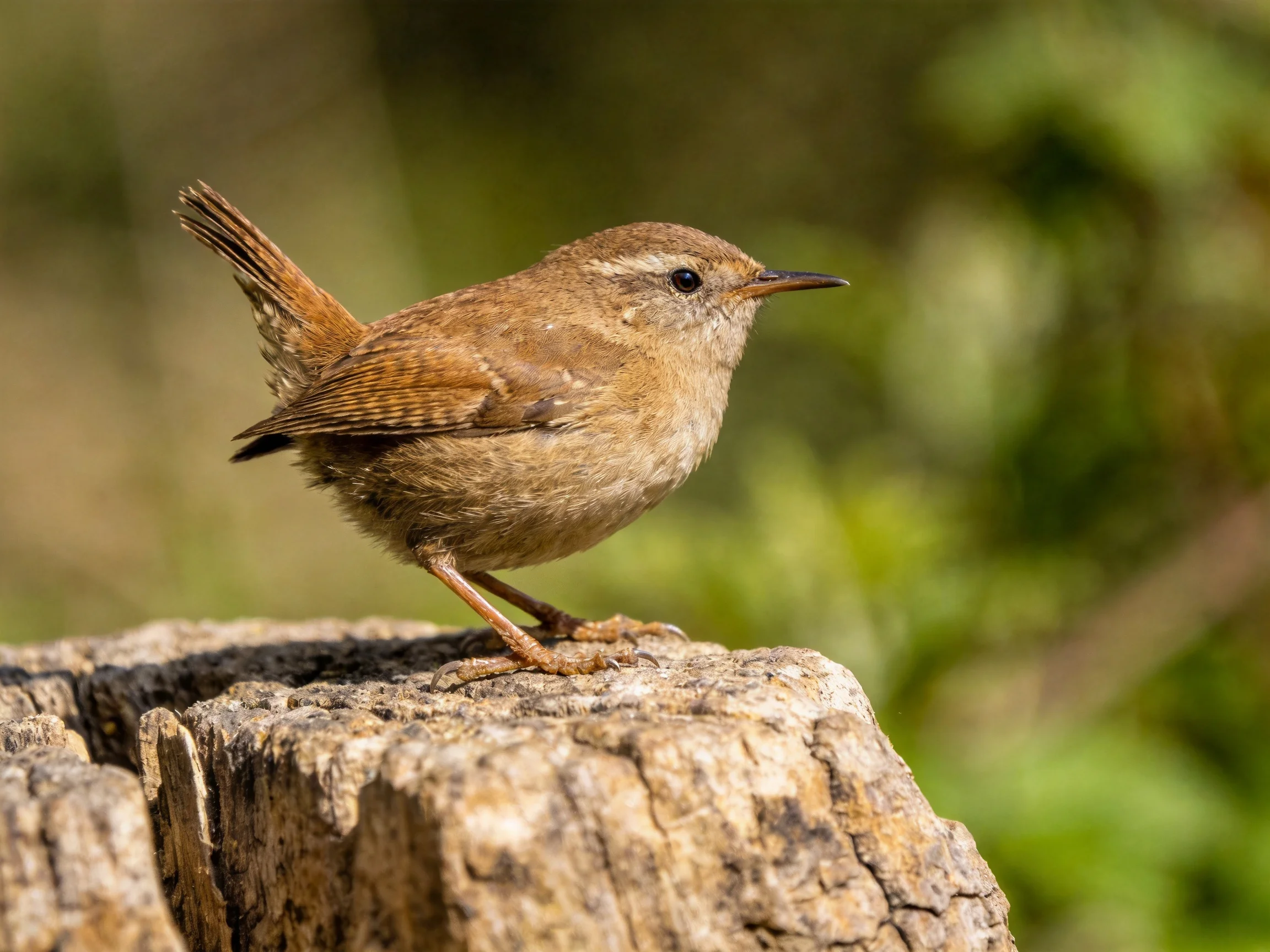 A small brown wren perched on a weathered tree stump