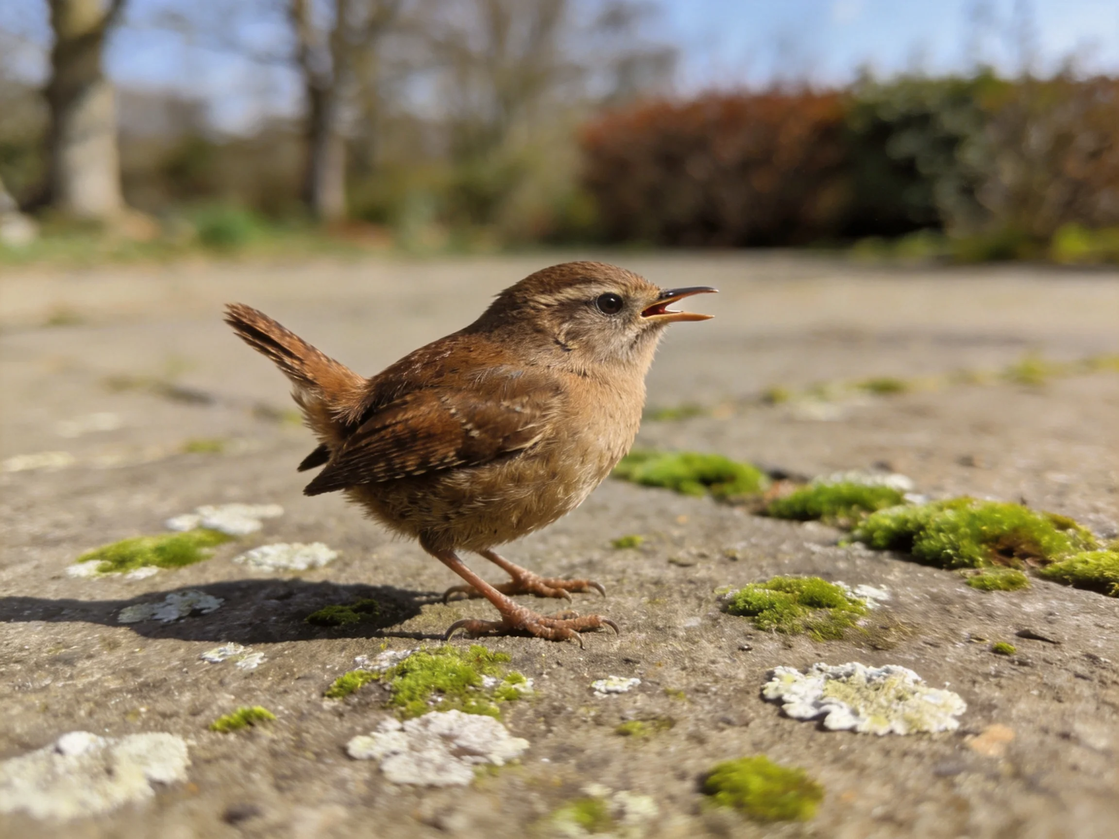 A small brown wren perched on moss-covered concrete