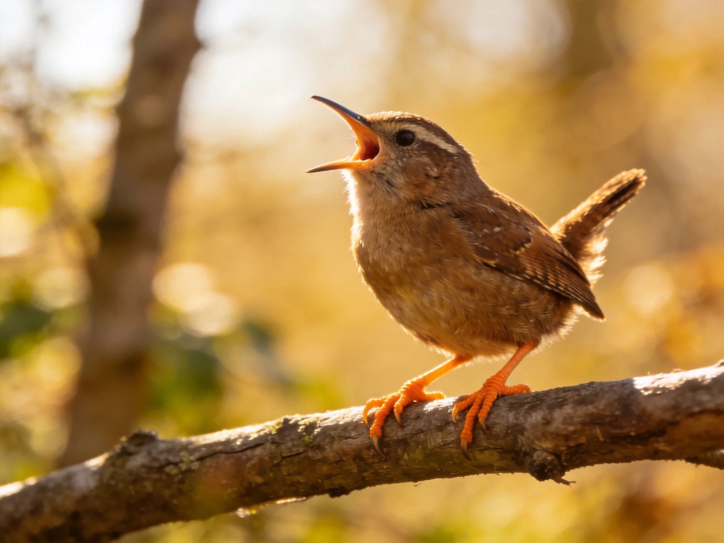 A small brown wren with orange feet sings on a sunlit tree branch