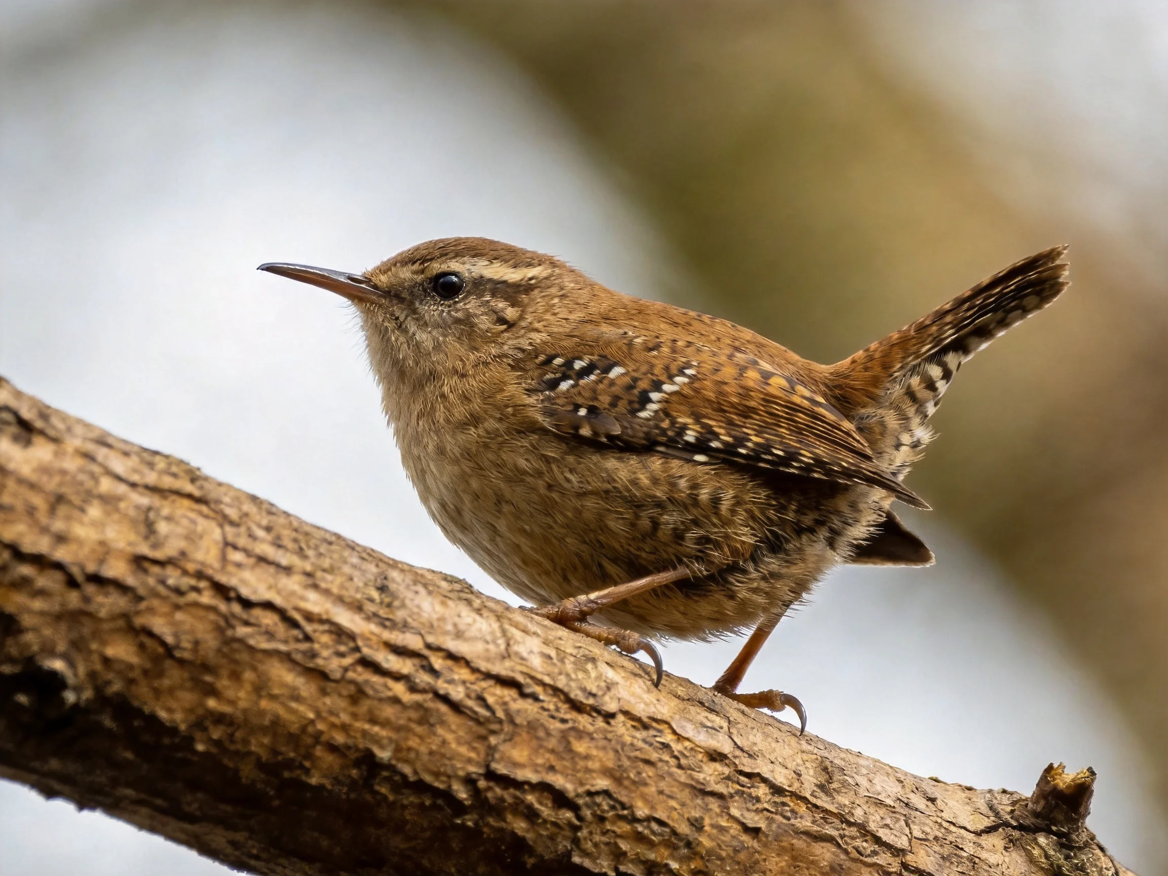 A small brown wren with spotted wings perches on a rough tree branch