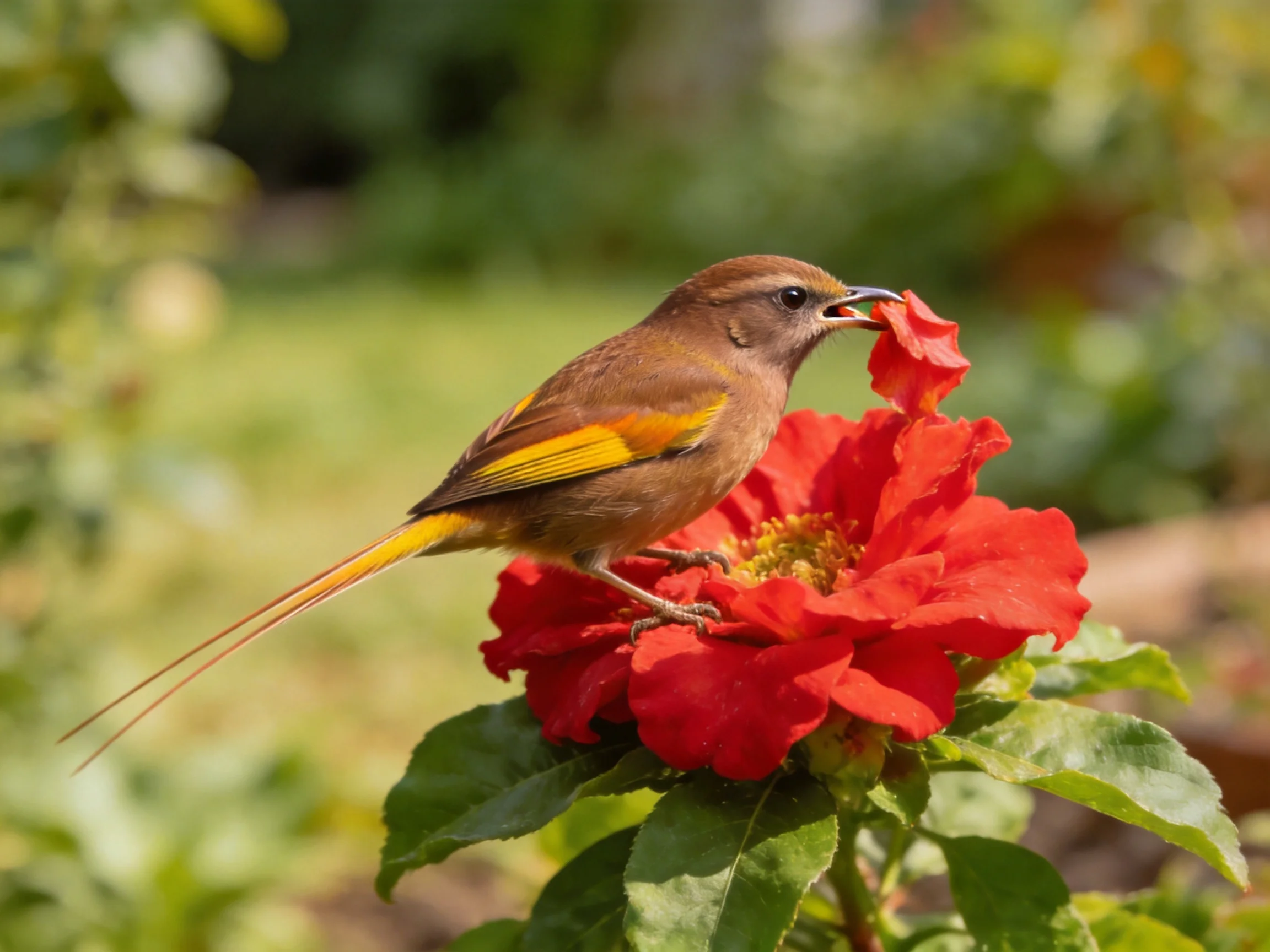 A small brown-yellow bird feeding from a vibrant red flower
